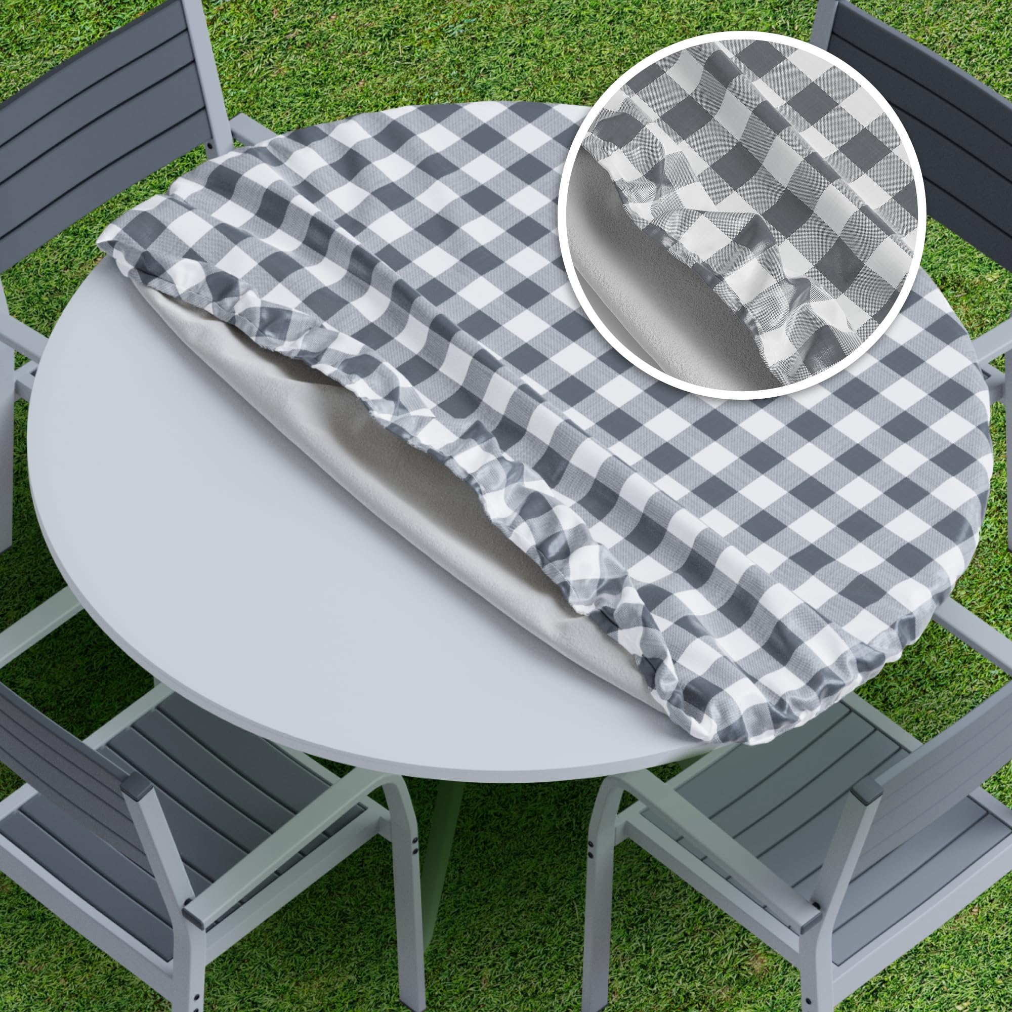 Sorfey Vinyl Fitted Tablecloth Cover, Checke Design, Flannel Backed Lining Fits Up-to 42-54 Round Tables Grey