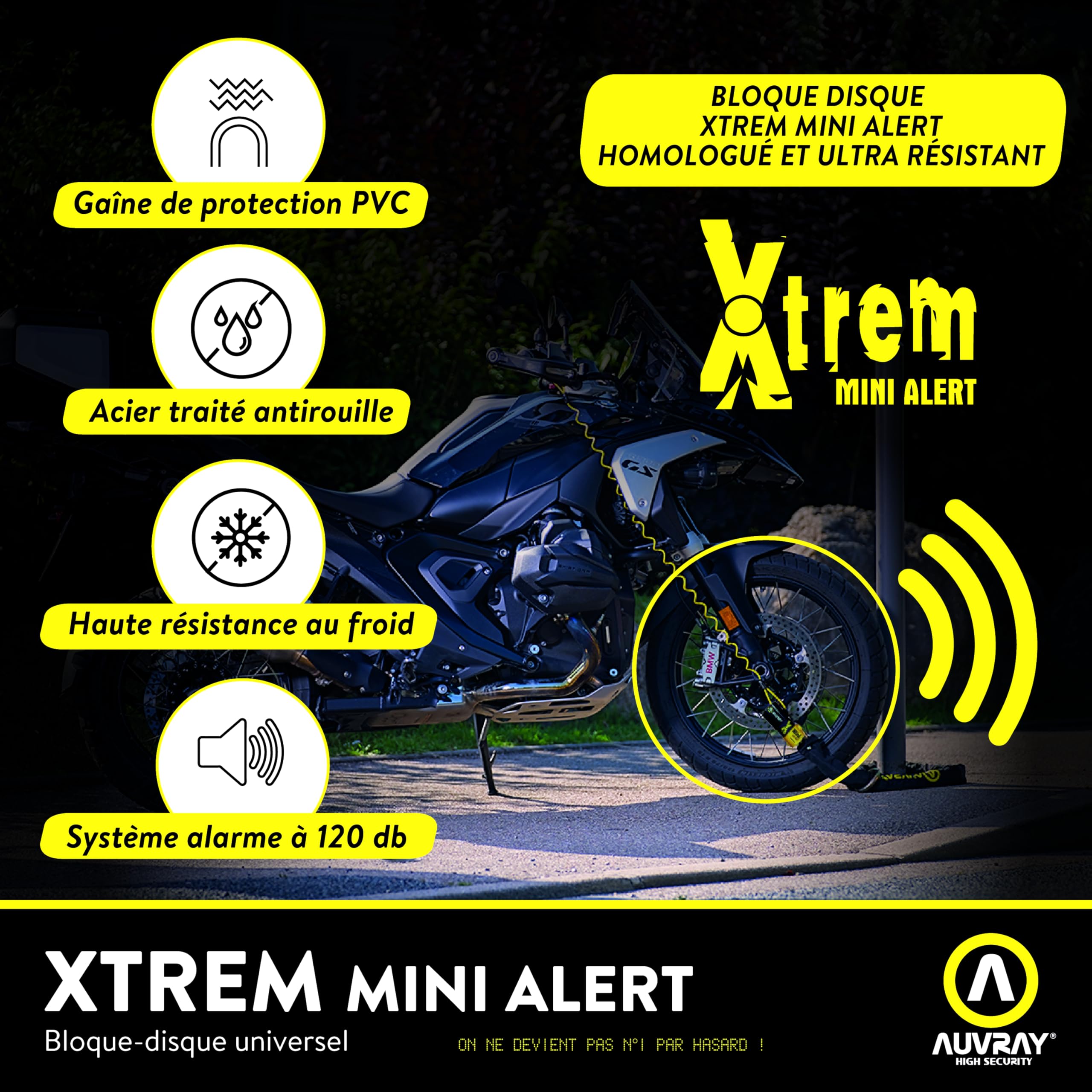 AUVRAY - Antivol Bloque Disque Moto XTREM Mini Alert - Certifié Art 4329 & SRA - Alarme intégrée 120 DB - Niveau de sécurité 9/10 - Haute sécurité - Recommandé par Les Assureurs - Garantie 10 Ans