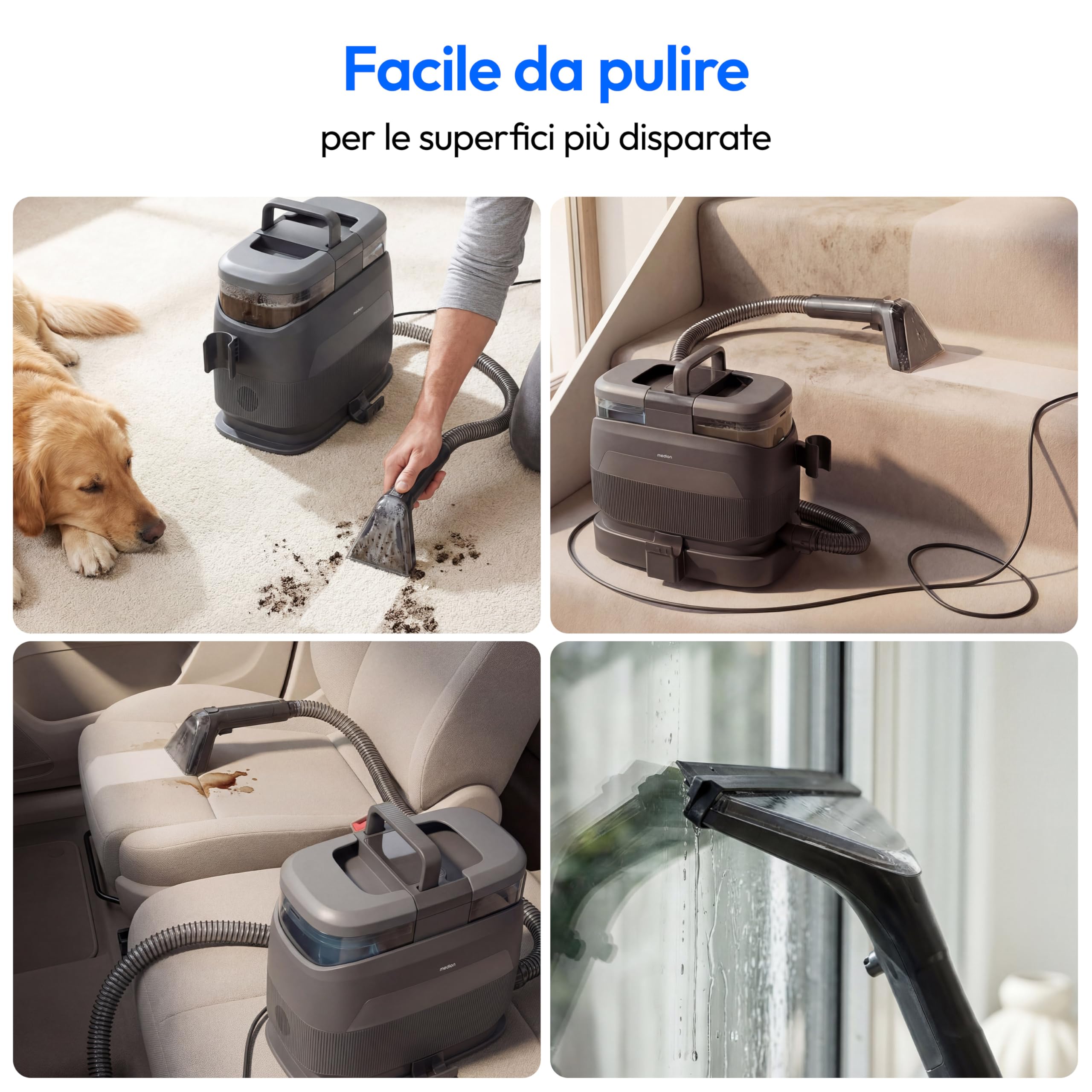 MEDION X10 UC Pulitore per tappezzeria lava aspiraliquidi (Aspiratore a umido per tappezzeria, tappeti e sedili auto, acqua fredda, acqua calda, vapore, serbatoio acqua pulita e sporca, MD100123)