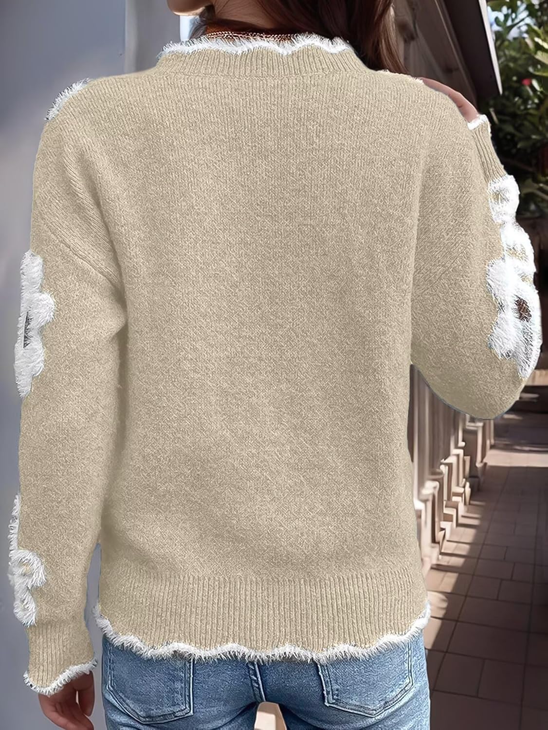 Flamingals Floral Sweaters for Women 2026 Scalloped V Neck Fuzzy Valentine Sweater with Flowered Pullover Womens Sweater - Image 3