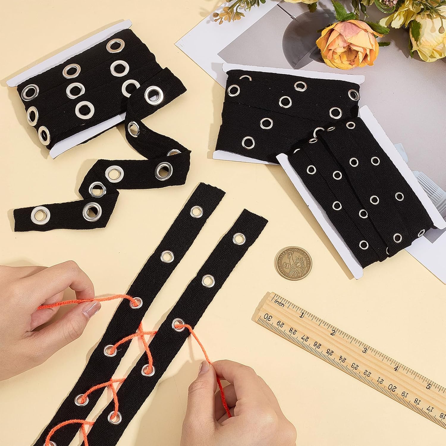 12 Yards Cotton Eyelet Tape, 3 Styles Grommet Twill Tapes with Silver Metal Eyelet Ring, Black Grommet Trim for Sewing Corset Shirt Dress Skirt Jacket Shoes