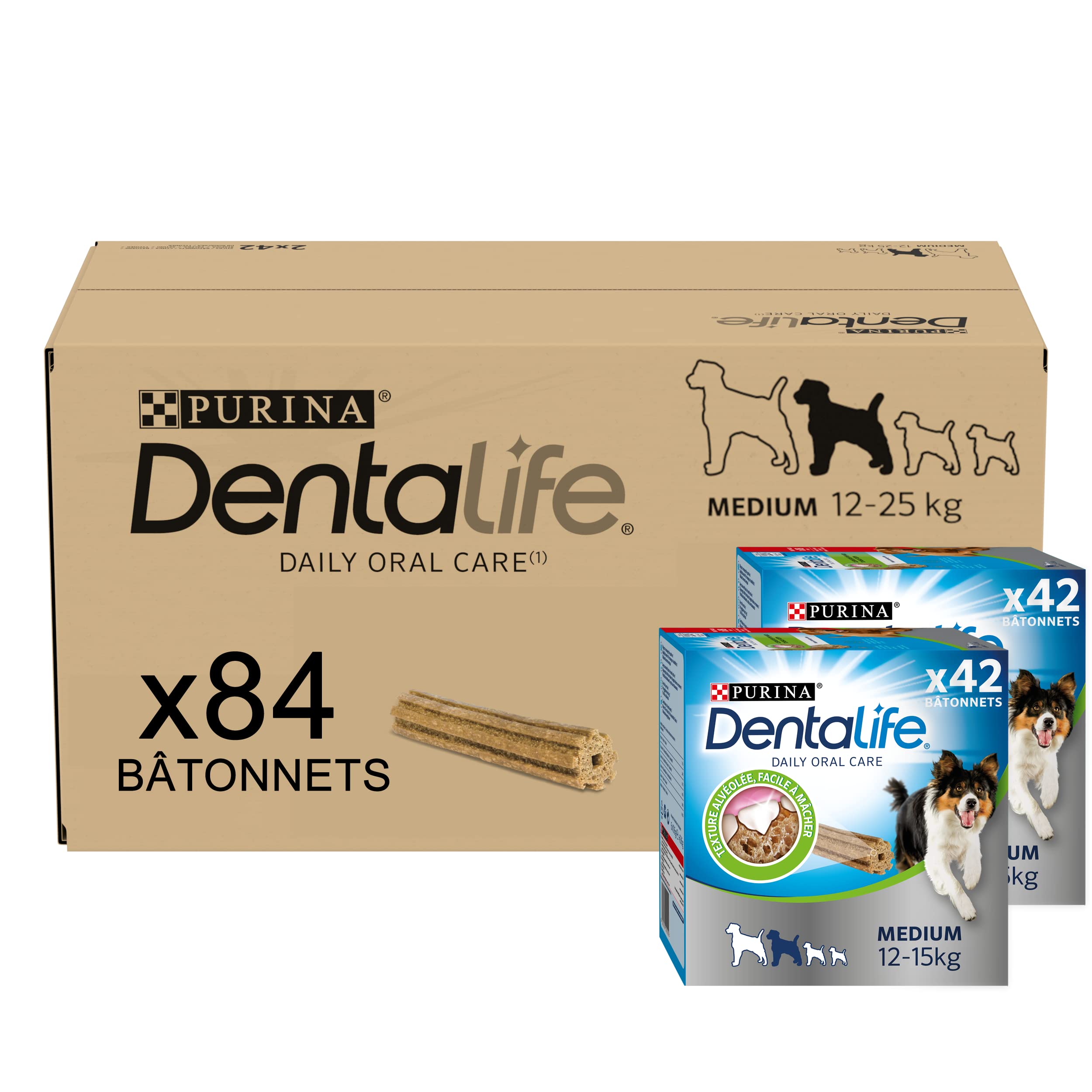 PURINA DENTALIFE Medium | Golosinas para Perros de tamaño Mediano | 84 palitos de mascar | Cereales | Maxi Pack | 2 x 966 g | 1,93 kg | Higiene bucal