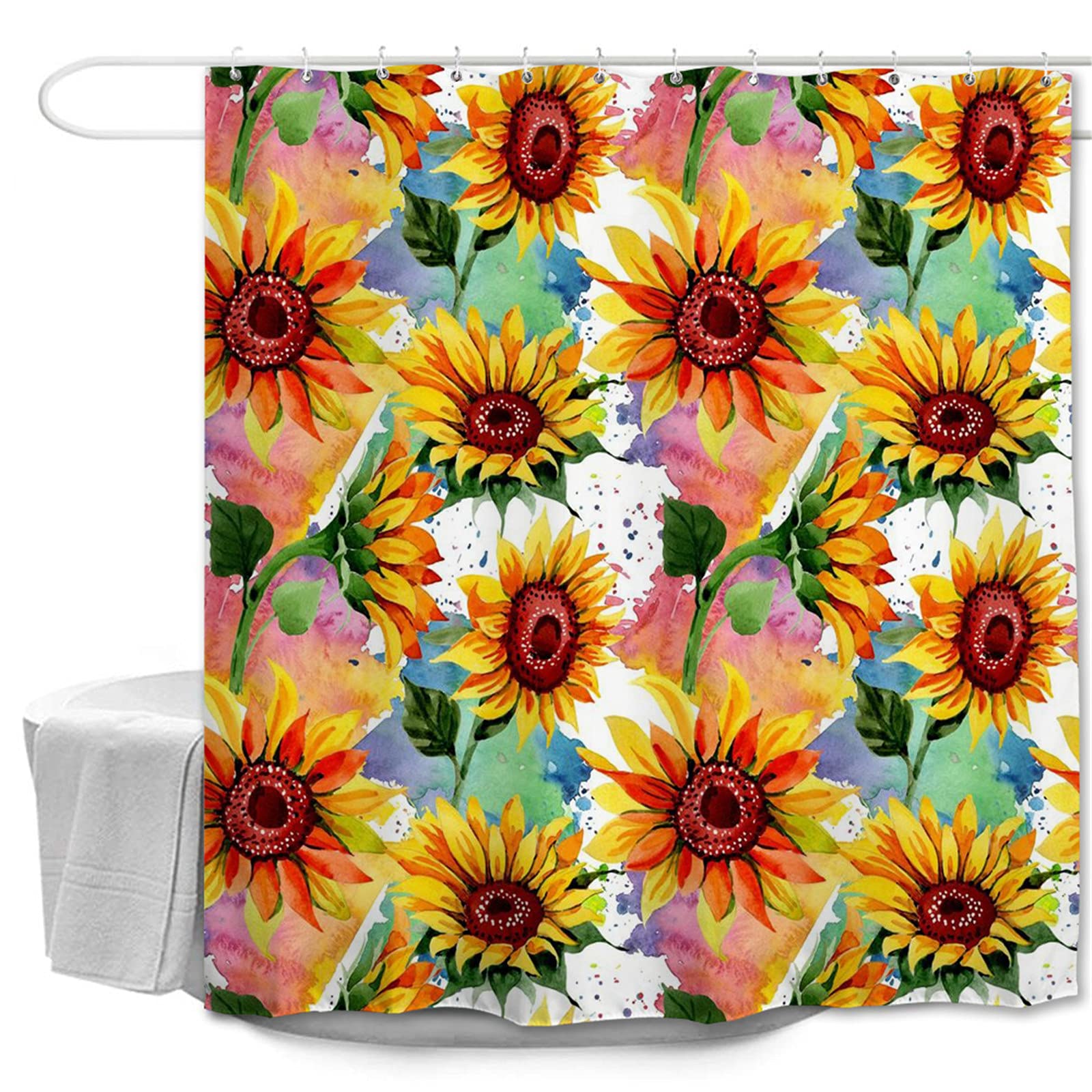 Oduo Sunflower Leaves Shower Curtains Mould Proof Resistant Washable, 3D Sunflower Print Shower Curtains Waterproof Bath Curtain With 10-12 Hooks - Shower Curtain For Bathroom (,120X180cm)