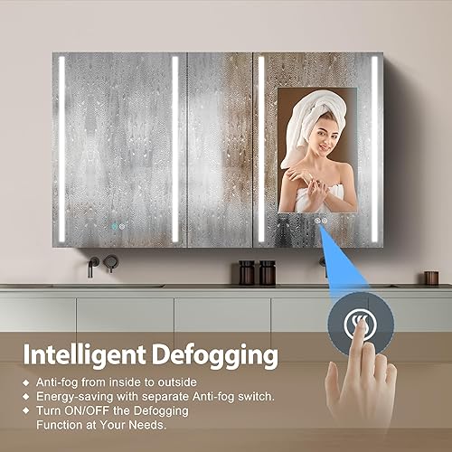 Miniatura 6 de Ogonbrick Botiquines de medicina LED de 50 W x 30 H con espejo para baño puertas dobles, botiquín moderno con luces, antiempañamiento, 3 luces de