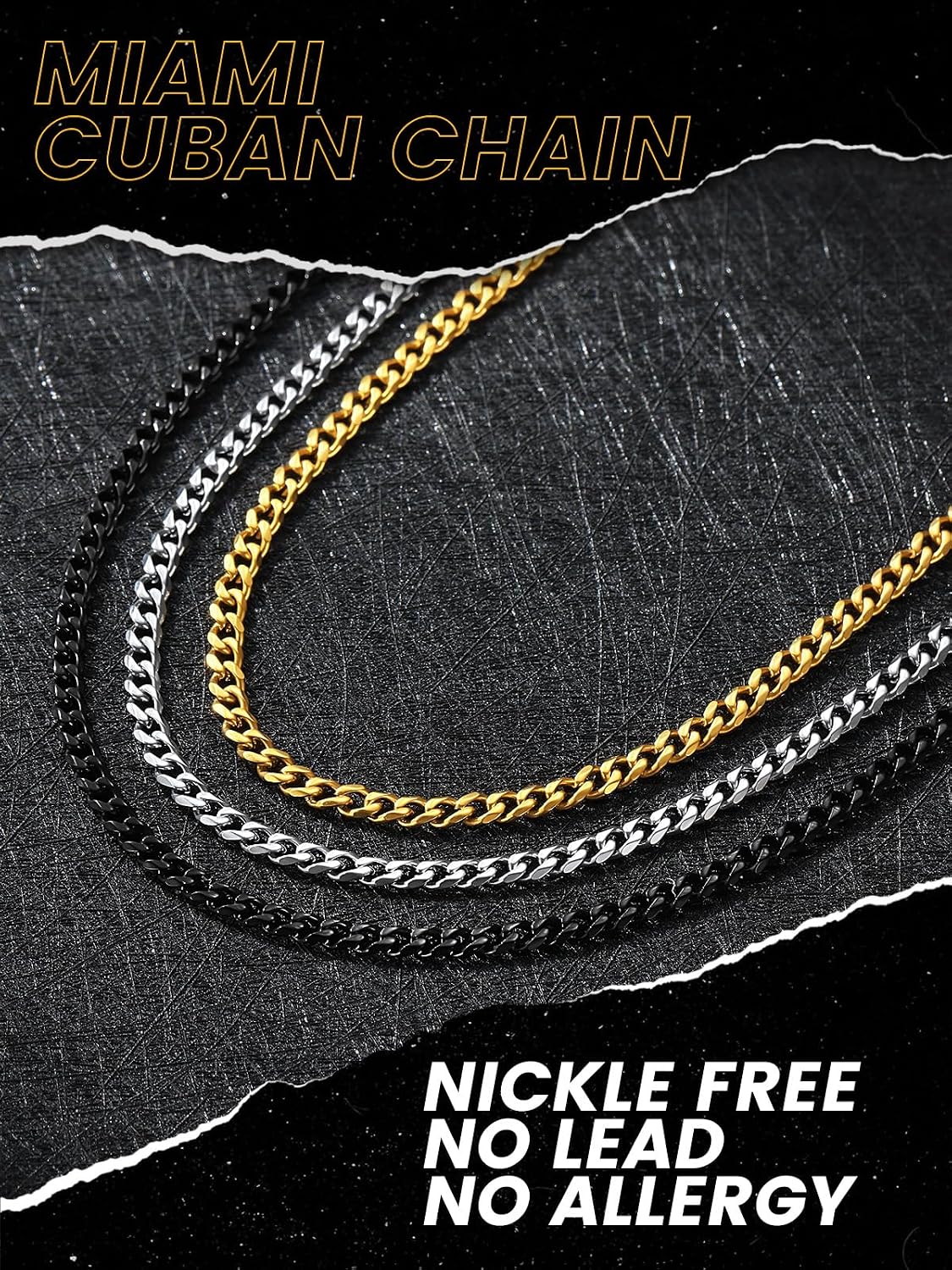 KeyStyle Chunky Cuban Chains for Men,Stainless Steel Figaro Chain Necklace, Venetian Chain Curb Chain Hip Hop Jewelry,3/4/6/9/12/14mm Width,14-30 inch Length, Black/Gold Plated/Silver
