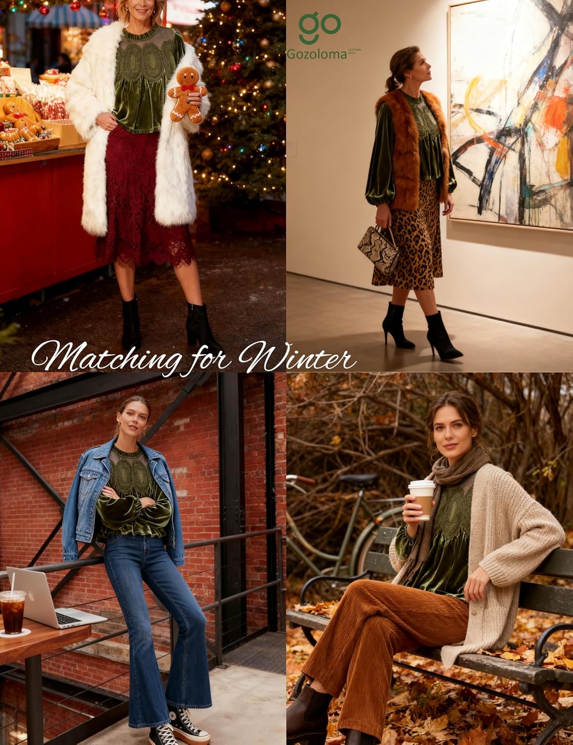 Gozoloma Women's Long Sleeve Velvet Trim Lace Blouse Elegant Flared Swing Top Round Neck Blouse Casual Wear - Image 6