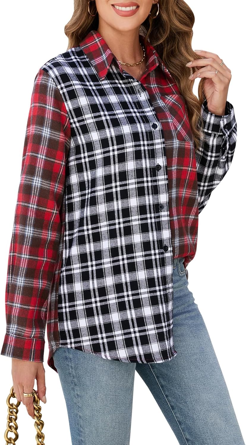 Womens Button Down Flannel Shirts Long Sleeve Plaid Shackets Business Casual Blouse Color Block Top - Image 4