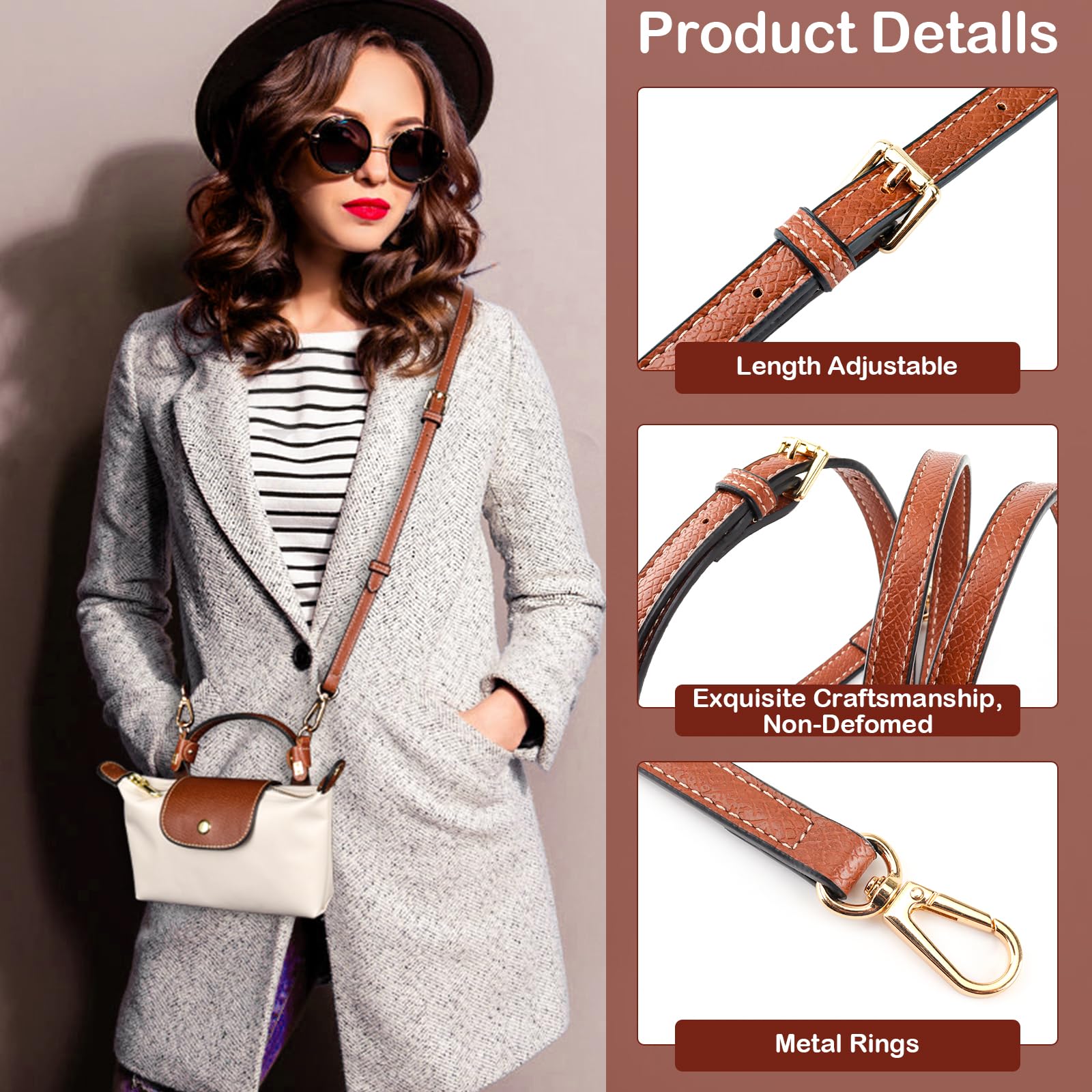Bandoulière Réglable pour Sac Longchamp Mini, Marron, Sangle à Boucle Sans Perforation avec 2 Adaptateurs