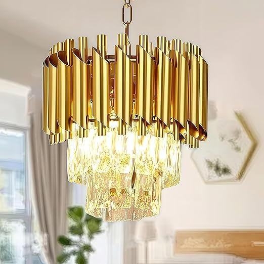 Desidiya 300mm Golden Modern Crystal Pendant Light Golden Round Ceiling Light Fixture for Living Room and (Antique, 300mm) and 3 Colors Led Plate Included Warm White, Natural Light, White Light