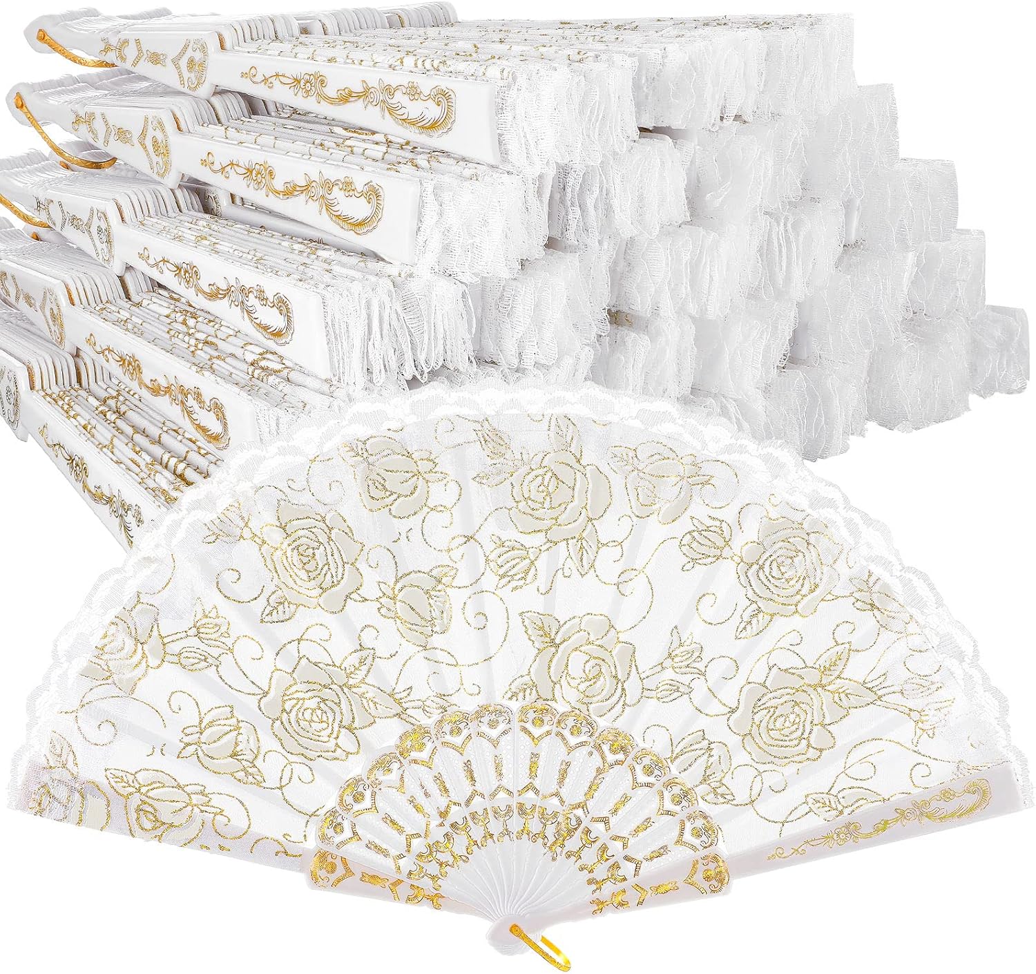 48 Pieces Rose Lace Floral Hand Fans Retro Elegant Chinese Folding Fan White Vintage Bridal Handheld Dancing Fan Props for Wedding Party Church Ladies Favors (Gold)