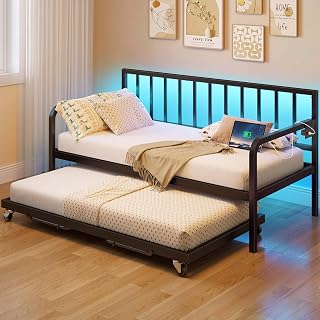 Rolanstar Height Adjustable Twin Daybed with Trundle, Charging Station & RGB LED Lights - Metal Sofa Bed Frame for Guest Room