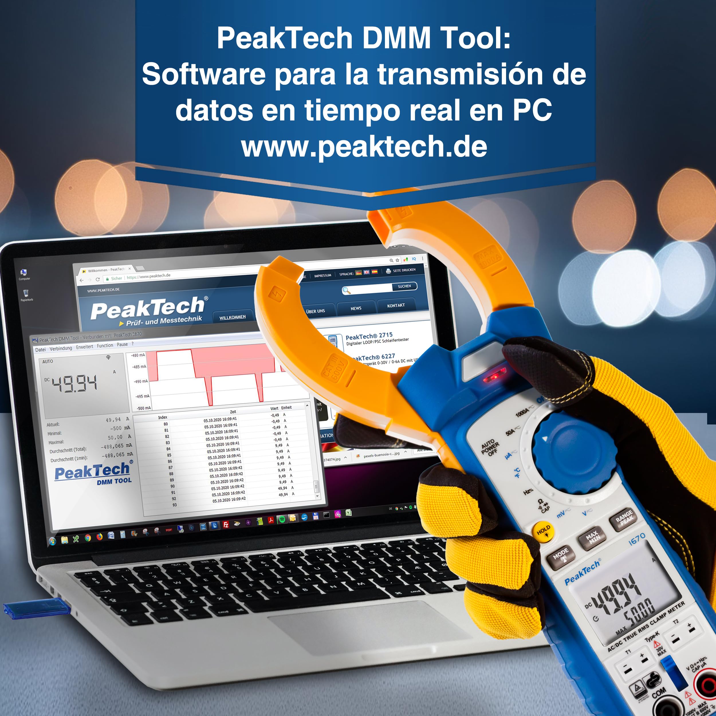 PeakTech 1670 Pinza Amperimétrica RMS 4.0 Bluetooth 1000A AC/DC 50000 Cuentas Multímetro