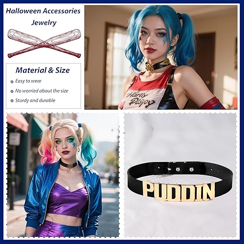 Miniatura 4 de HUASAI Puddin - Juego de gargantilla y pulsera, joyería gótica de Halloween, collar de cuero punk, collar de cuero, pulsera de espigas, disfraces