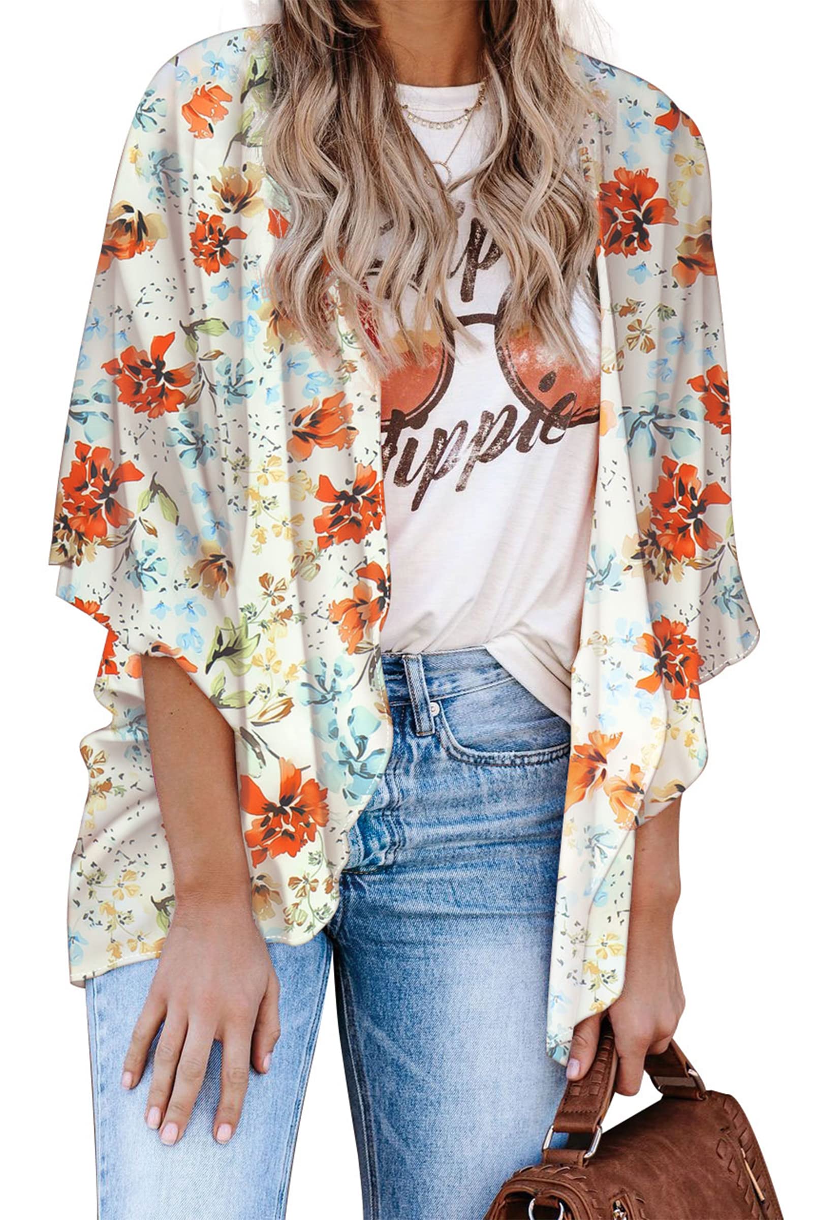 Hibluco Cárdigan tipo kimono floral para mujer, informal, de gasa, holgado, para la playa