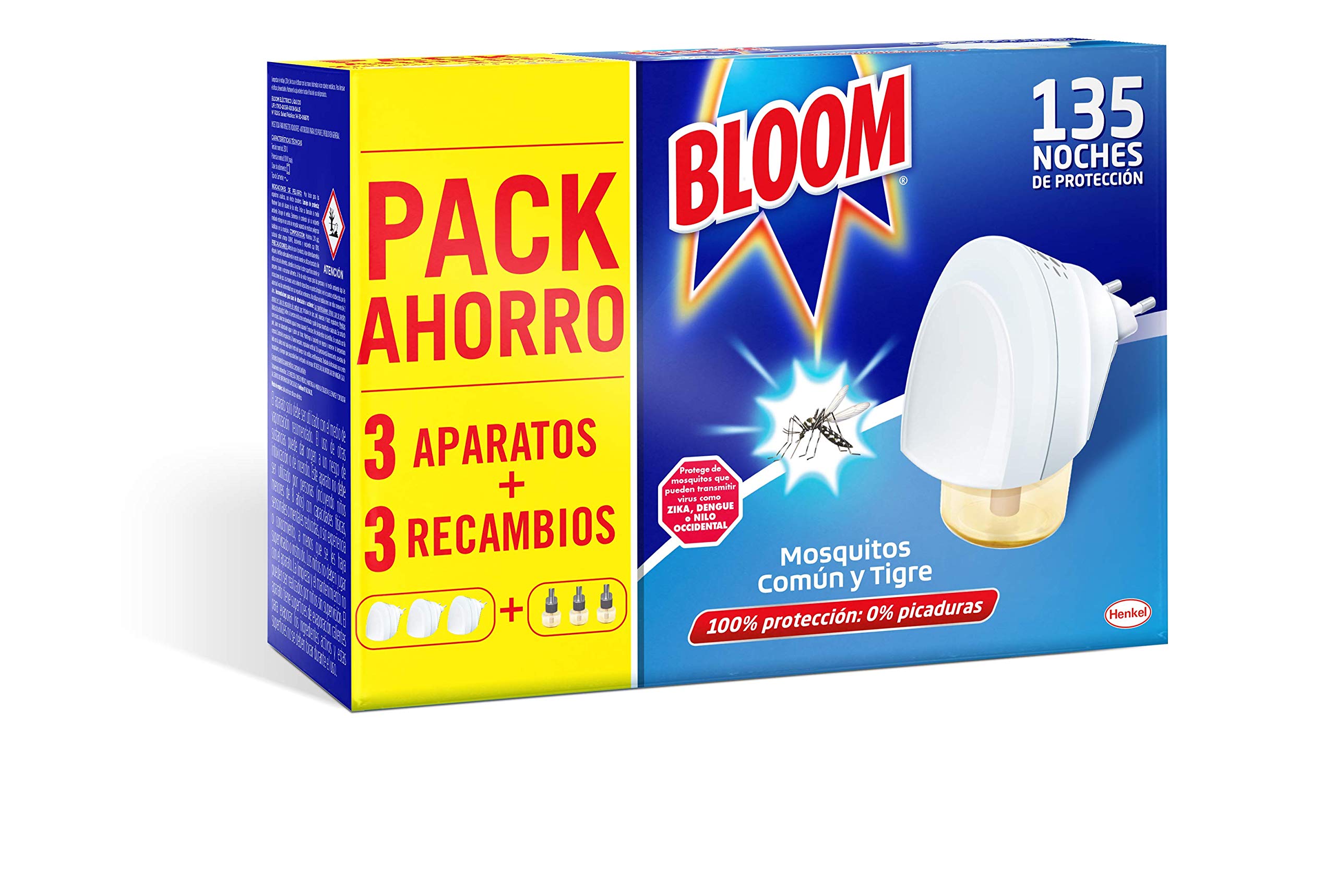 Bloom Insecticida Eléctrico Líquido (3 aparatos + 3 recambios), antimosquitos 6 en 1, insecticida contra y mosquitos común y tigre, hasta 135 noches de protección completa