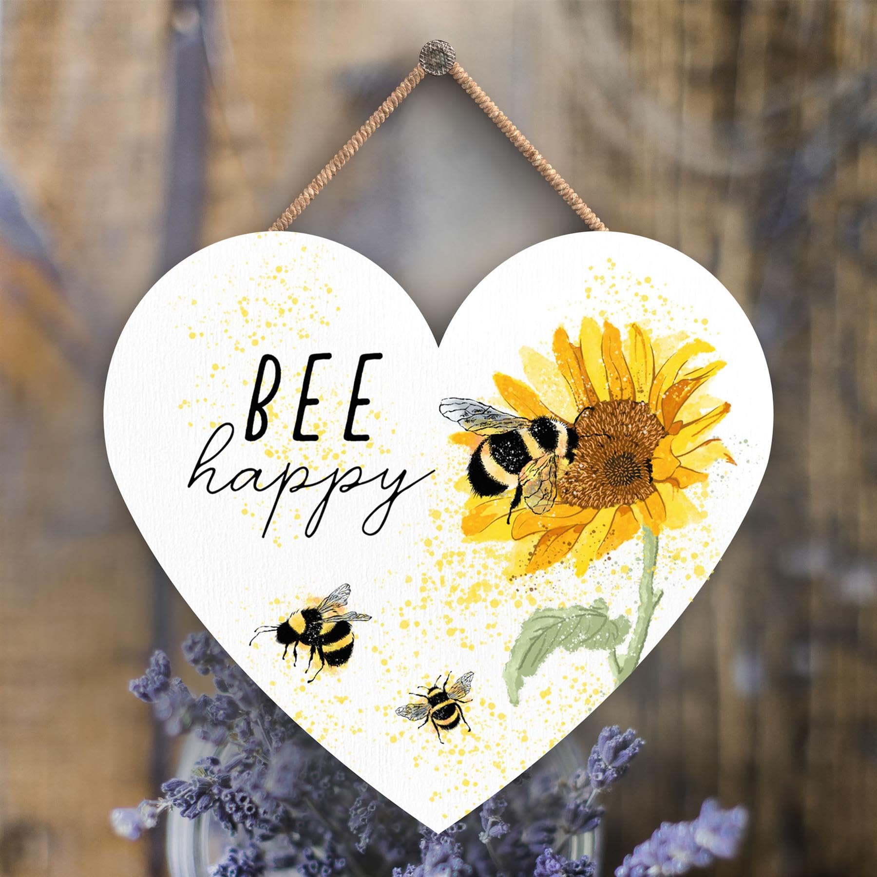 Global Designs White Grain Bee Happy Bumble And Lavender Typography Wooden Heart Hanging Plaque