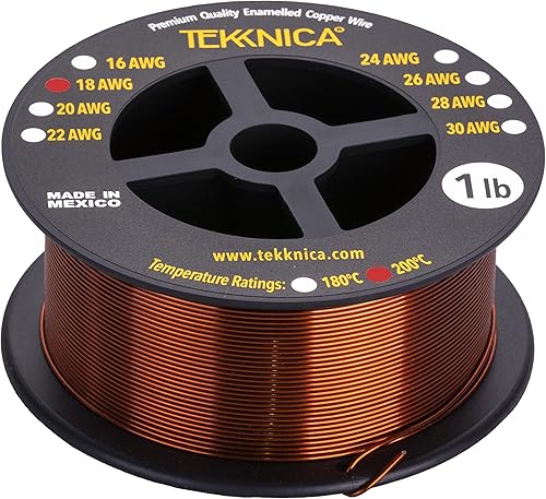 Alambre magnético 18 AWG - Alambre de bobinado magnético esmaltado -100% cobre - 1.0 lb - 0.0431" Diámetro - Clasificación de temperatura 392.0 F