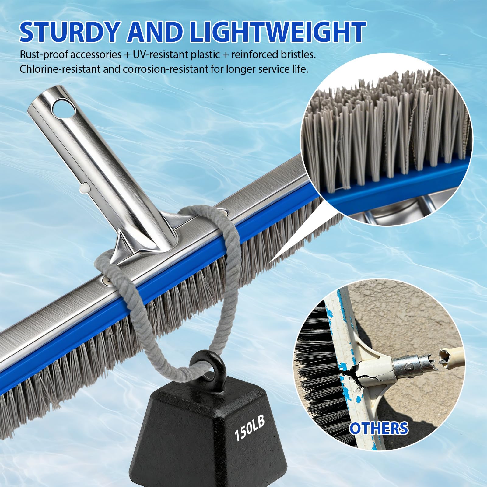 Poolbürste 18 Zoll (45,7 cm) mit Stahl- & Nylonborsten, Pool Bürste mit Aluminiumrücken & EZ Clip Anschluss für Poolstange, robuste Pool Reinigungsbürste für Poolboden, Poolwände&Algen in Einbaupools
