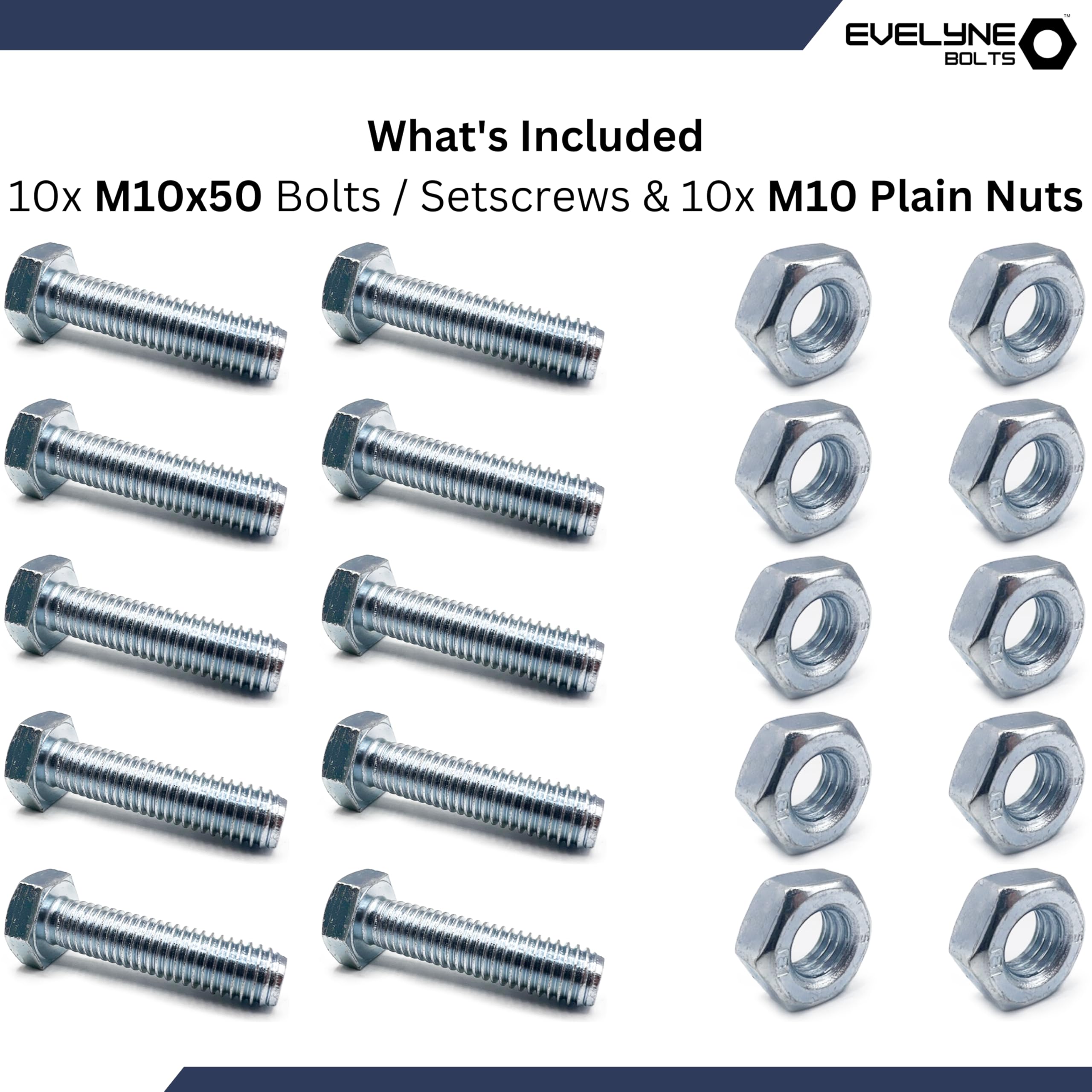 Set 10 Bulloni M10x140mm Con Dadi - Viti Esagonali In Acciaio Carbonio Per Auto E Costruzioni