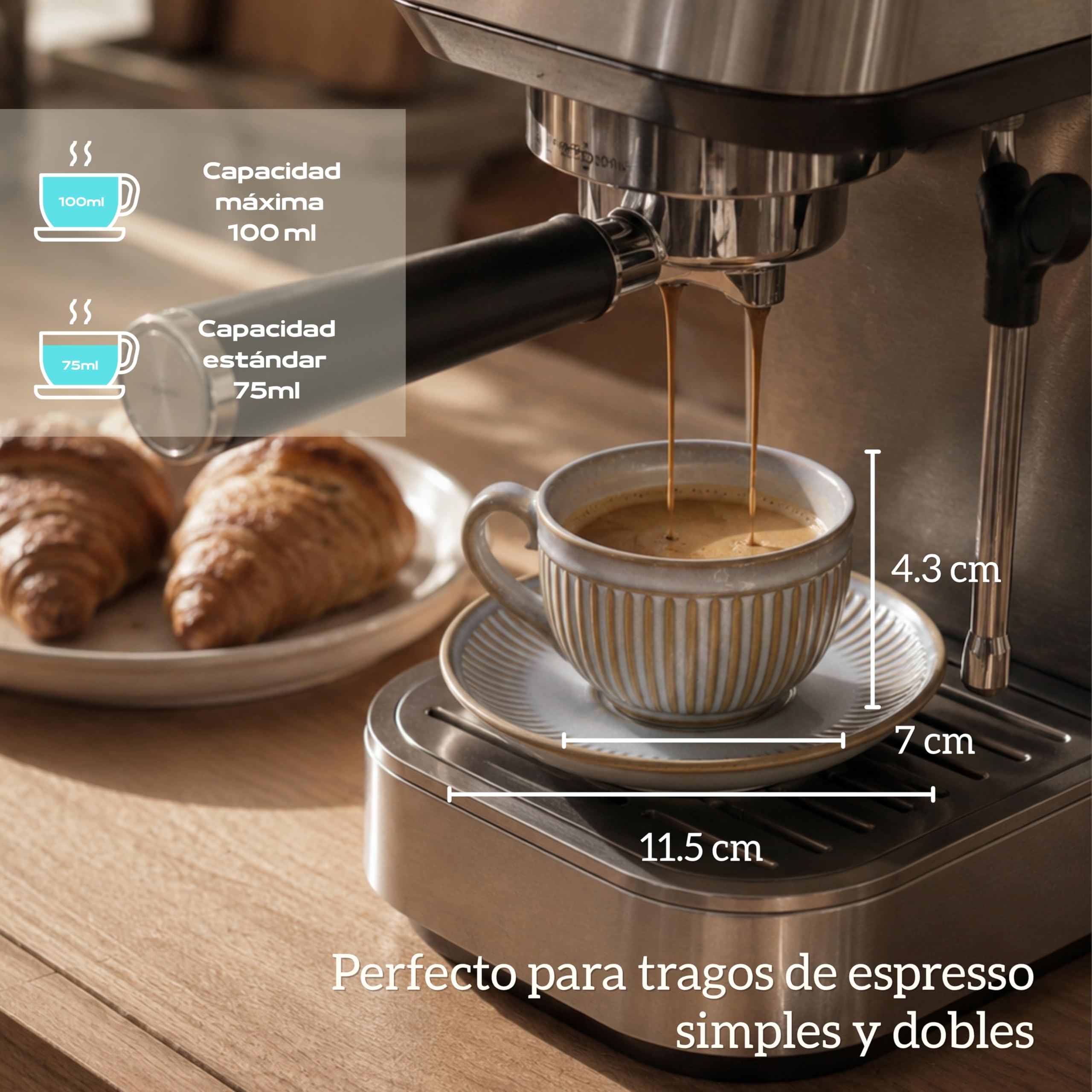Tazas de Café Espresso con Platos - 6 x 100 ml con Asa - Estrias Antideslizantes - Cerámica Paredes Gruesas - Juego de Té - Aptas para Lavavajillas - Caja de Regalo - Blanco