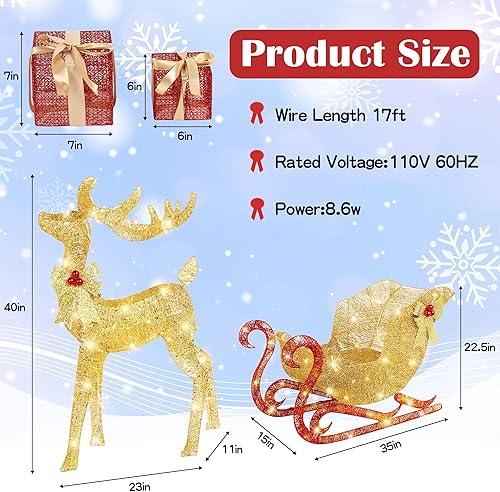 Miniatura 2 de Decoraciones de Navidad iluminadas para exteriores de renos y trineo, decoraciones de Navidad al aire libre, con luces LED y caja de regalo,