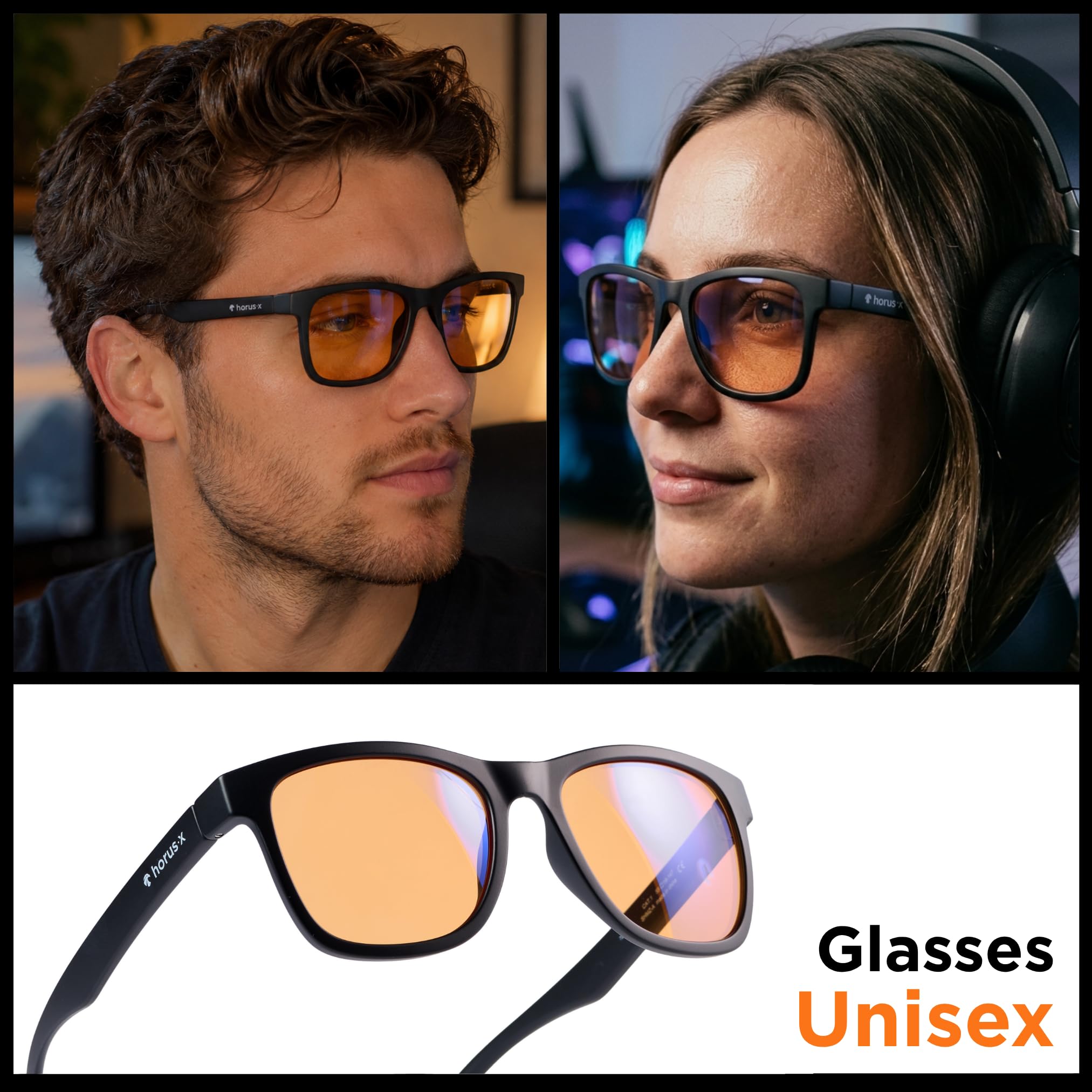 Horus X - Gogle do gier | Okulary antyniebieskie światło dla mężczyzn i kobiet do ekranu | Przeciw zmęczeniu i migrenom oczu | Amber Stay Homer Glasses