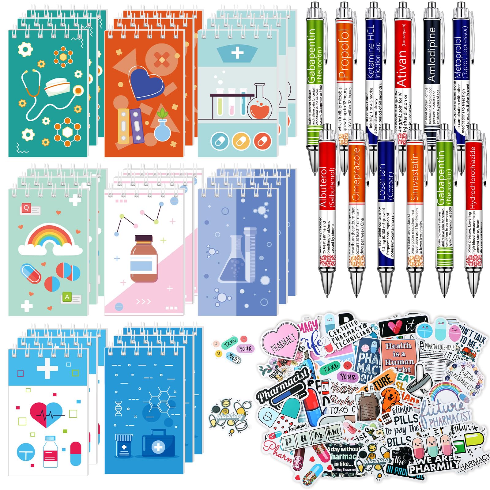 Sayglossy 24 Sets Pharmacist Gift Set Includes 24 Pcs Pharmacy Pens 24 Pcs Pharmacist Journal Notebook 1 Bag Cute Stickers for Nursing Week Pharmacy