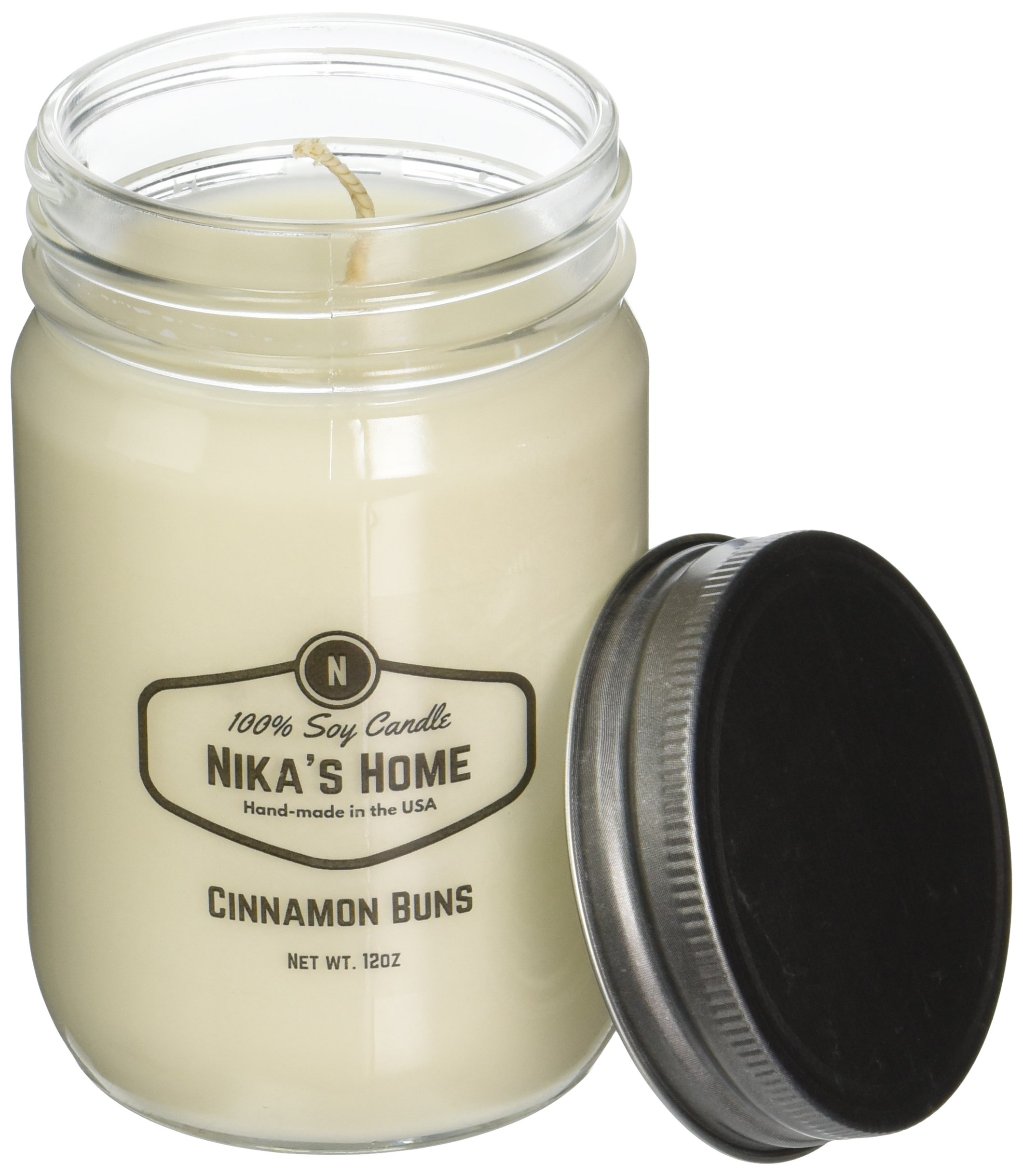 Nika's HomeCinnamon Buns Soy Candle 12oz Mason Jar Non-Toxic White Soy Candle-Hand Poured Candle- Handmade, Long Burning 50-60 Hours Highly Scented All Natural, Clean Burning Large Candle Gift Décor