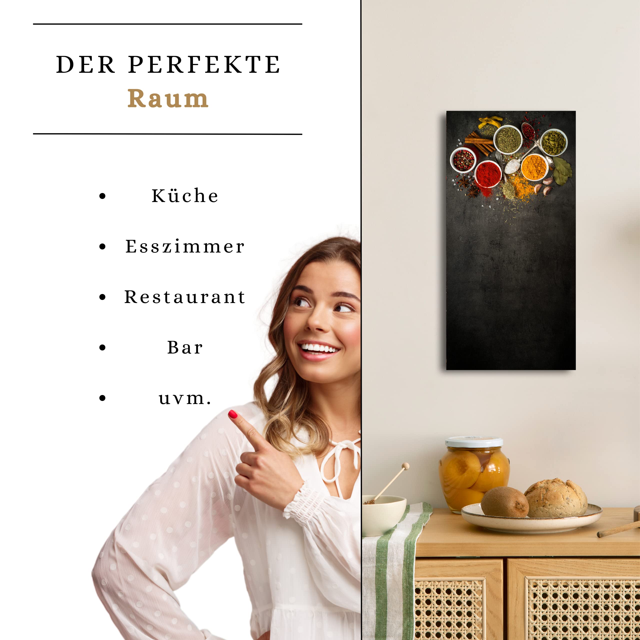 Memoboard Spice Bowls L 30 x 60 cm | Magnettafel aus Glas zum beschriften hochkant | Optimal geeignet für Küche Esszimmer & Eingangsbereich als funktionaler Eyecatcher | Gewürze Löffel Bowls | bunt