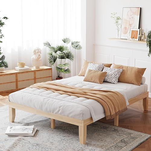 Giantex 14 Inch Queen Wood Platform Bed Frame, Minimalist Mattress Foundation with Solid Rubber Wood, Heavy Duty Wood Slat Support, without Headboard, Easy Assembly, No Box Spring Needed, Natural