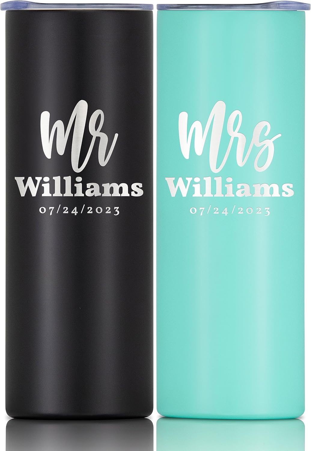 Personalized Mr & Mrs Gift Set of 2 Tumblers with Engraved Names, 20 oz Stainless Steel Vacuum Insulated Coffee Tumblers with Slider Lid, Custom Cup Wedding, Bride to Be, Honeymoon. Black & Teal.
