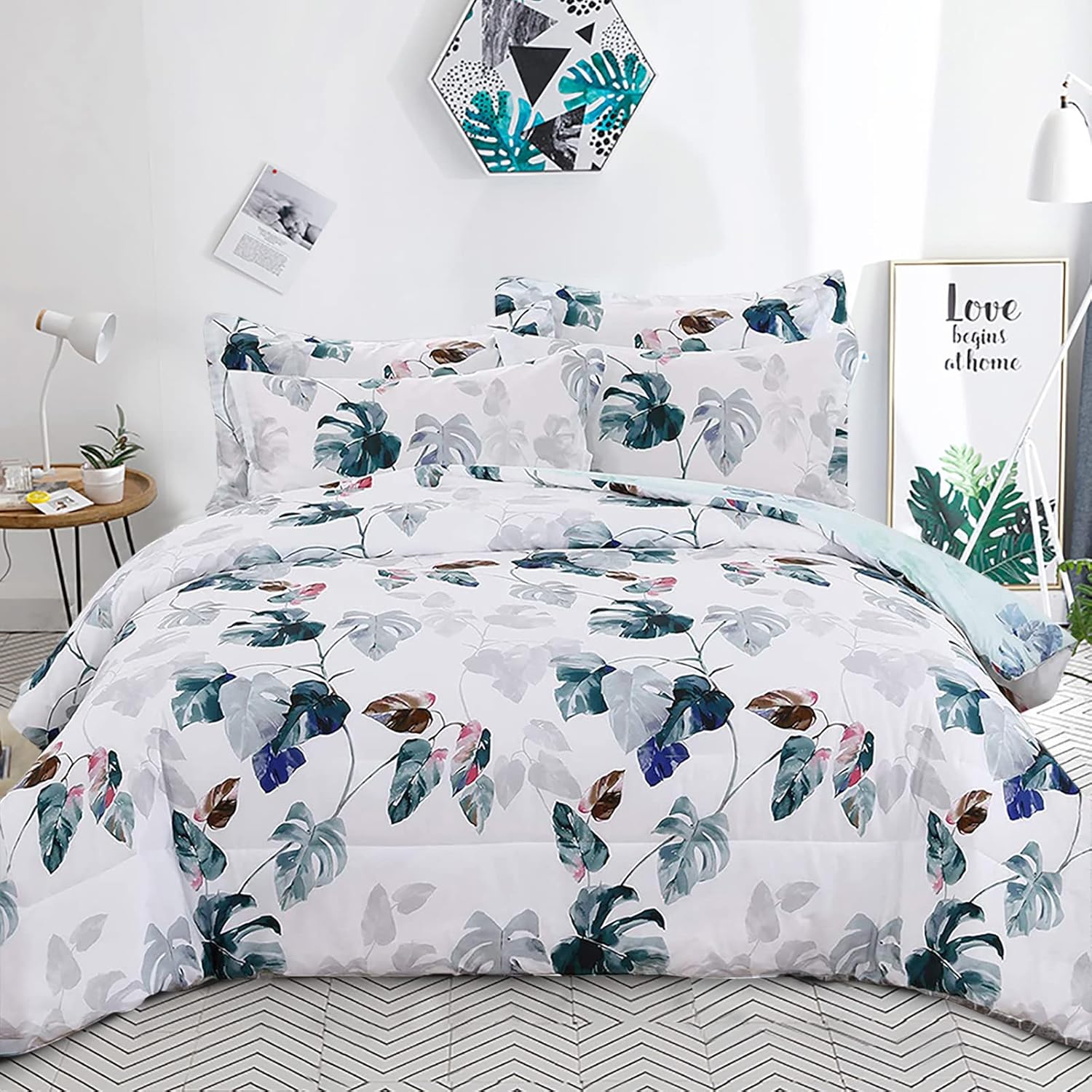 White Cotton Comforter Set Queen, Reversible Floral Leaves Pattern Printed Comforter with 2