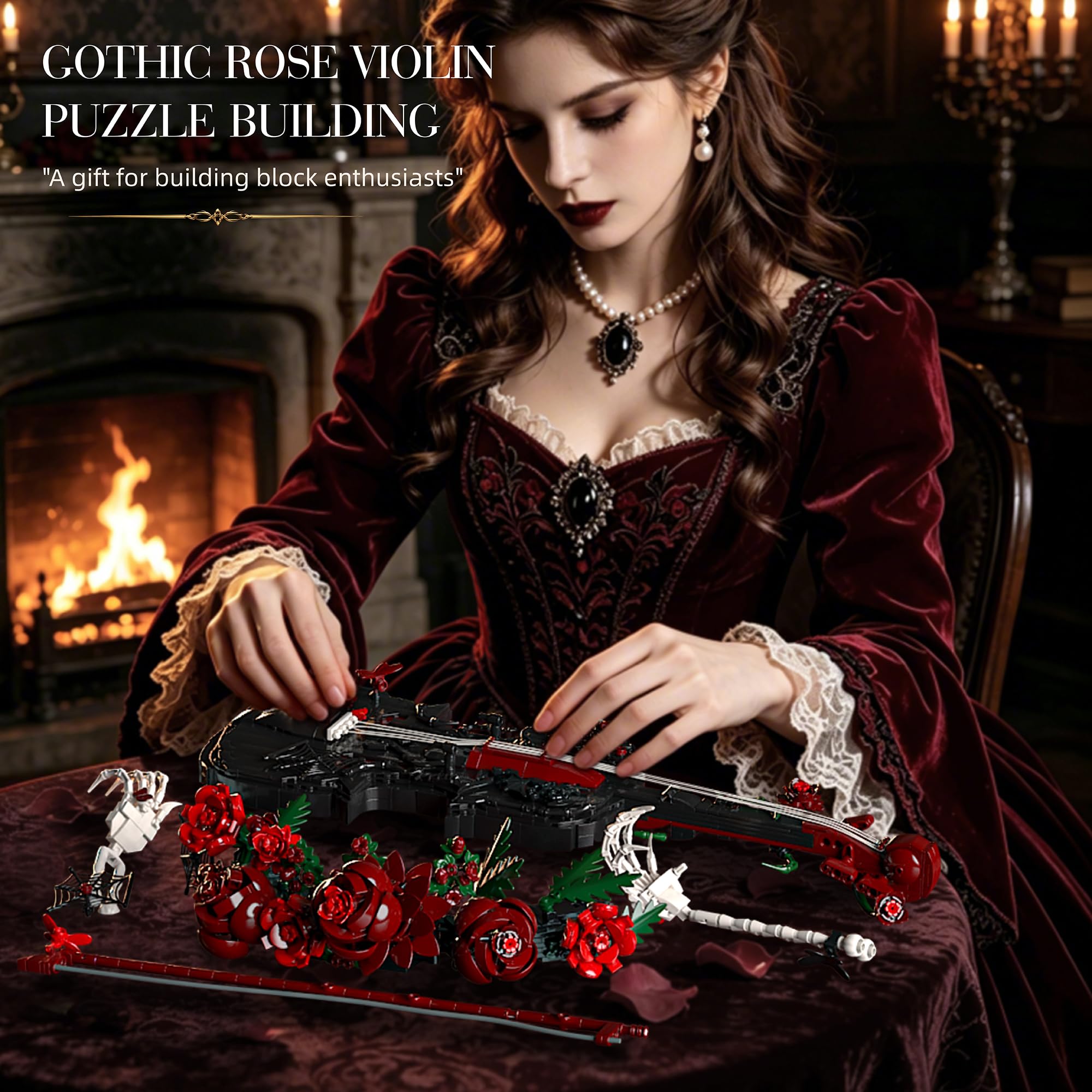 QuirkQuest Gothic Rosen Geigen Bauklötze Set, 1429 Teile Musikinstrument Modell mit Sammlbares Skelett Händen & roten Rosen, Dekoratives Baukasten Display für Erwachsene & Teenager