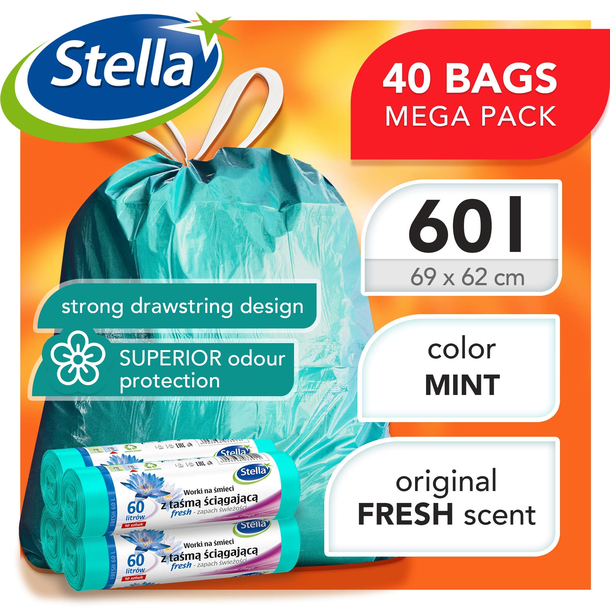 Stella Pack Sacs Poubelle 60l Écologiques Durables et Recyclables Avec Lien Parfumés Résistants en Plastique Pour Déchets Mint 40 Pcs Forte Tenue Facile à Fermer, 60 litres en