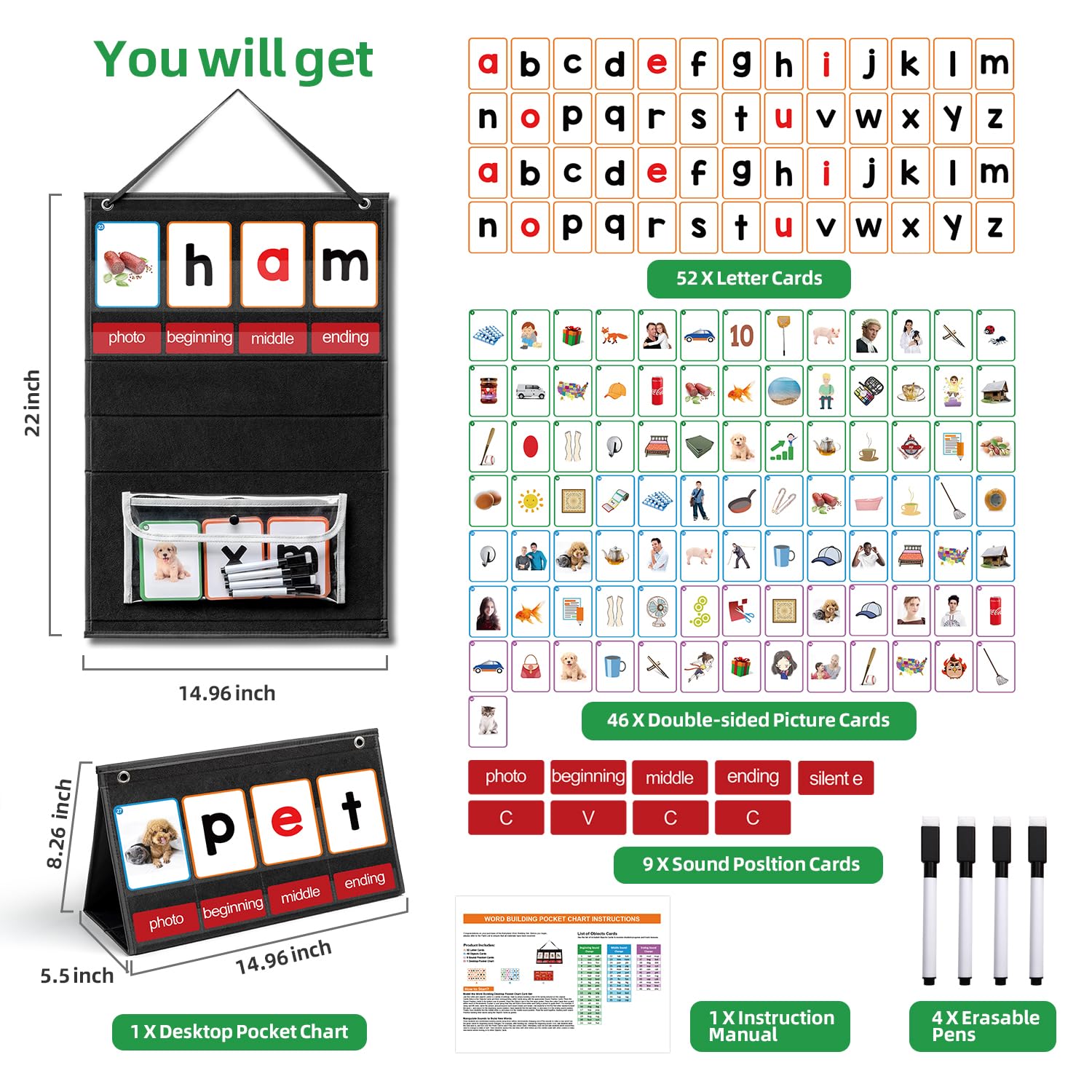 ANSTROUT CVC Word Builder Desktop Pocket Chart with 107 Cards, Kids Word Builder Games for CVC CVCC CCVC Learning Reading Spelling Early Education Tool for Preschool Kindergarten Classroom. - Image 2