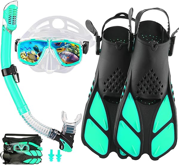 DiVLMT Snorkeling Gear for Adults with Fins Scuba Diving Gear Adult Professional Travel Snorkel Sets with Flippers,Anti-