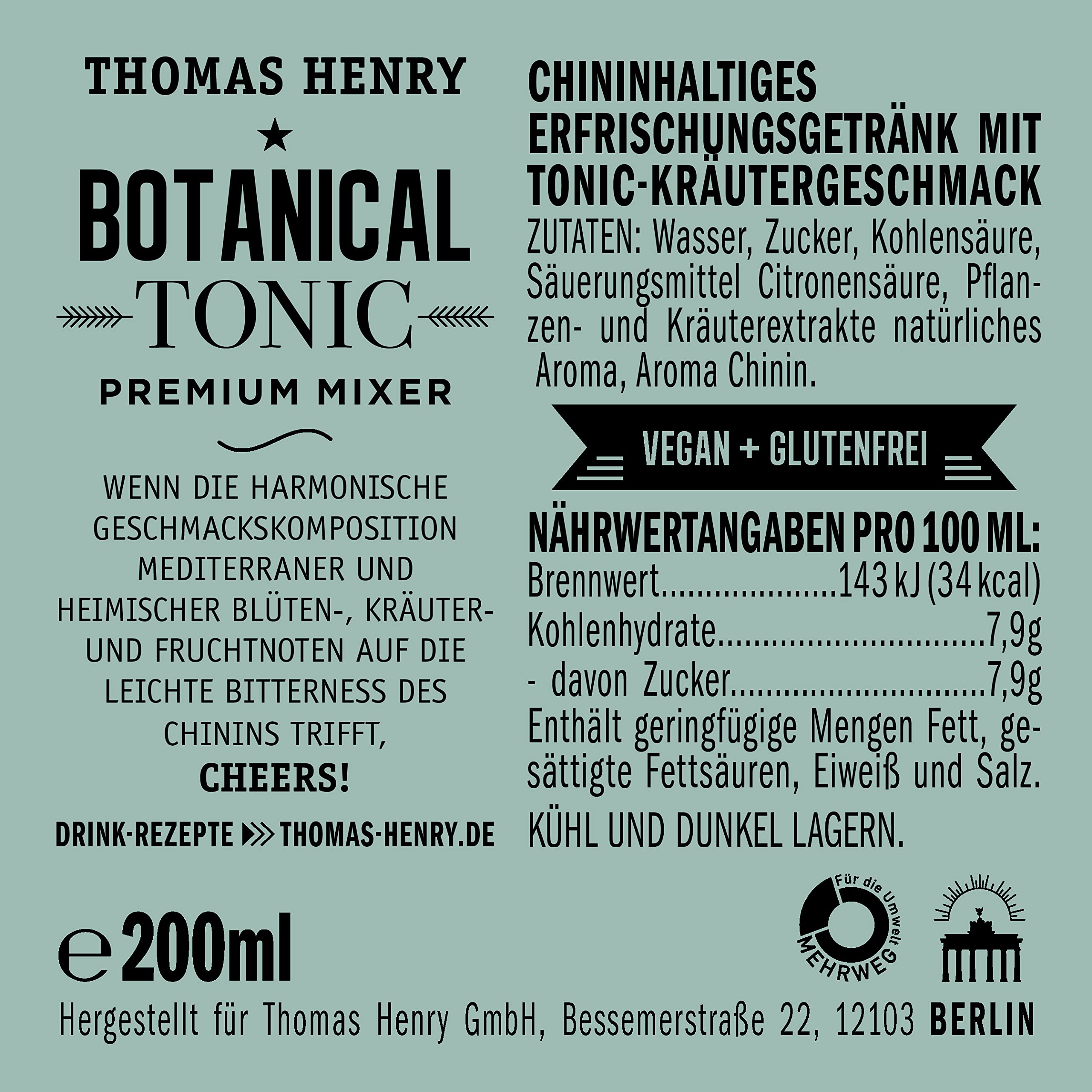 Thomas Henry Botanical Tonic Water – emozionante mild – (3 x 4 x 0,2 l in vetro MW) – Set di 3 limonade amare per mescolare i tuoi longdrink e cocktail con gin & Co.