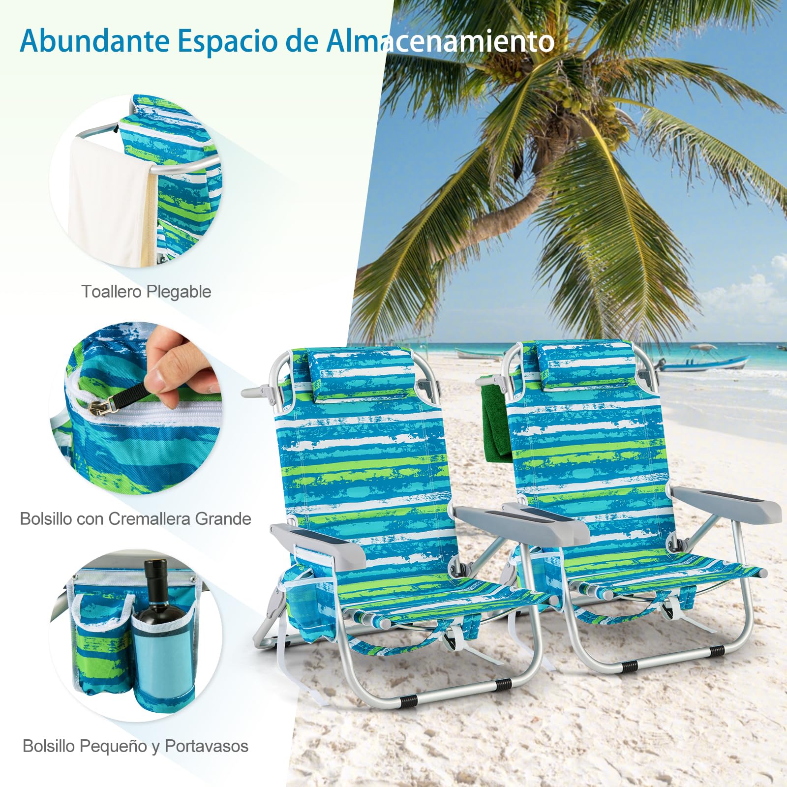 COSTWAY Silla Plegable de Playa, Tumbona con 5 Posiciones, Portavasos, Bolsillos de Almacenamiento, Correas de Hombro, Soporte para Toallas, Almohada, 150kg (Verde+Azul,1)