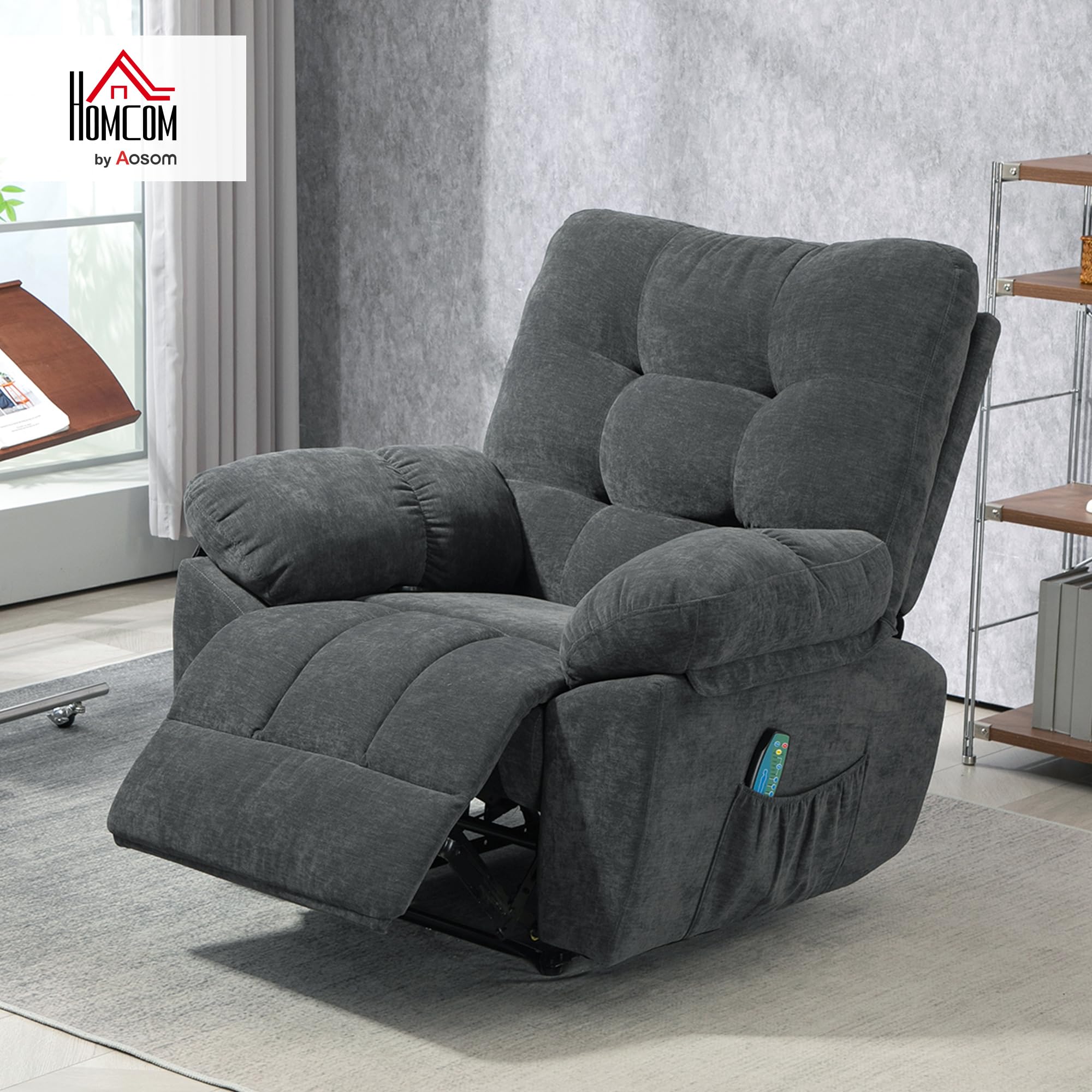 HOMCOM Fauteuil de massage fauteuil relax électrique avec vibration et chauffage, fauteuil relax inclinable manuellement, chaise TV chaise de relaxation repose-pied, télécommande, poche latérale, gris