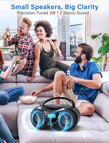 Miniatura 4 de Greadio Boombox - Reproductores de CD portátiles para el hogar con Bluetooth, Boom Box, reproductor de CD y radio FM, sonido estéreo, alimentado por