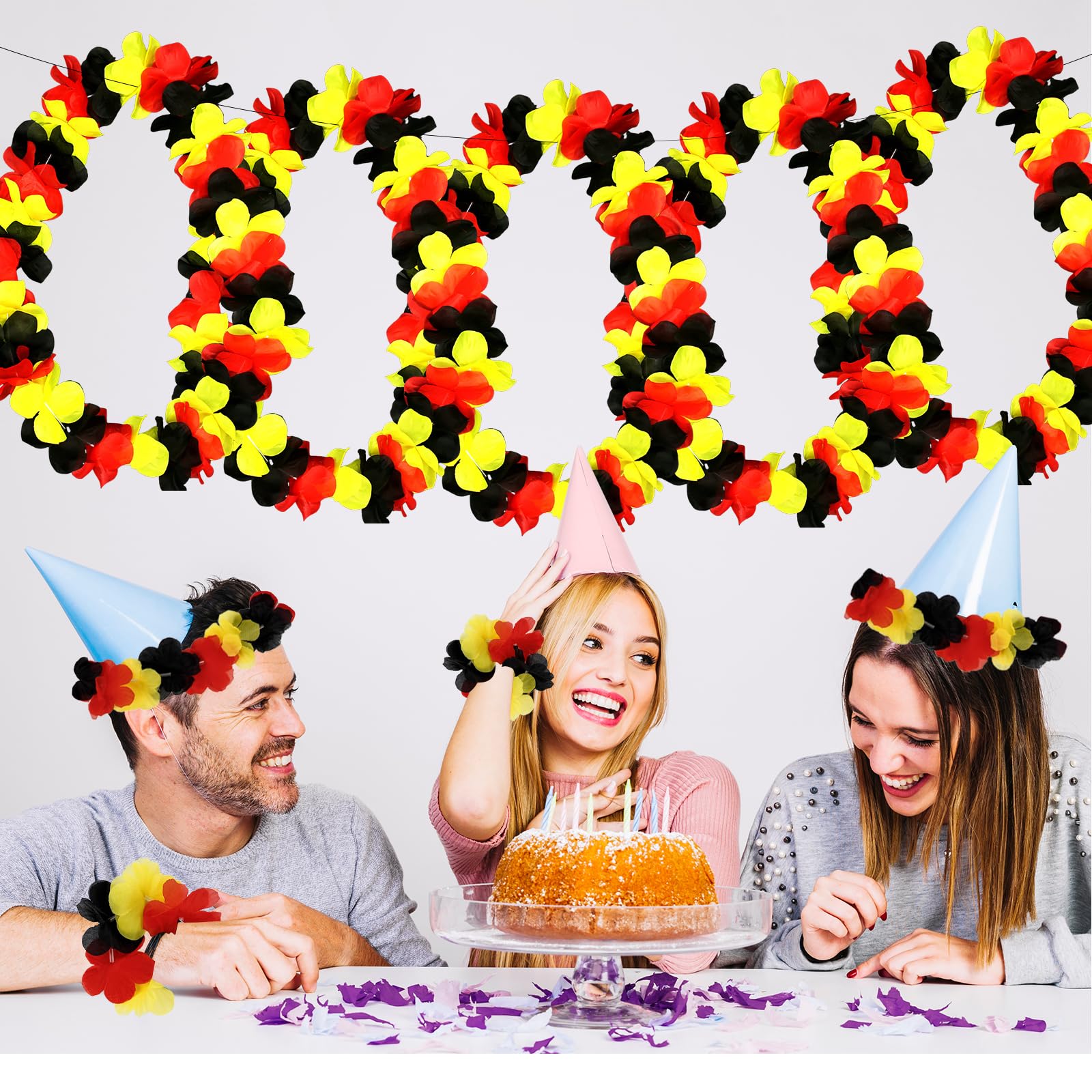 Simsky Lot de 20 Colliers de Fleurs pour Fans de l'Allemagne : 5 Chaînes Hawaïennes, 5 Bandeaux, 10 Bracelets en Noir, Rouge et Jaune
