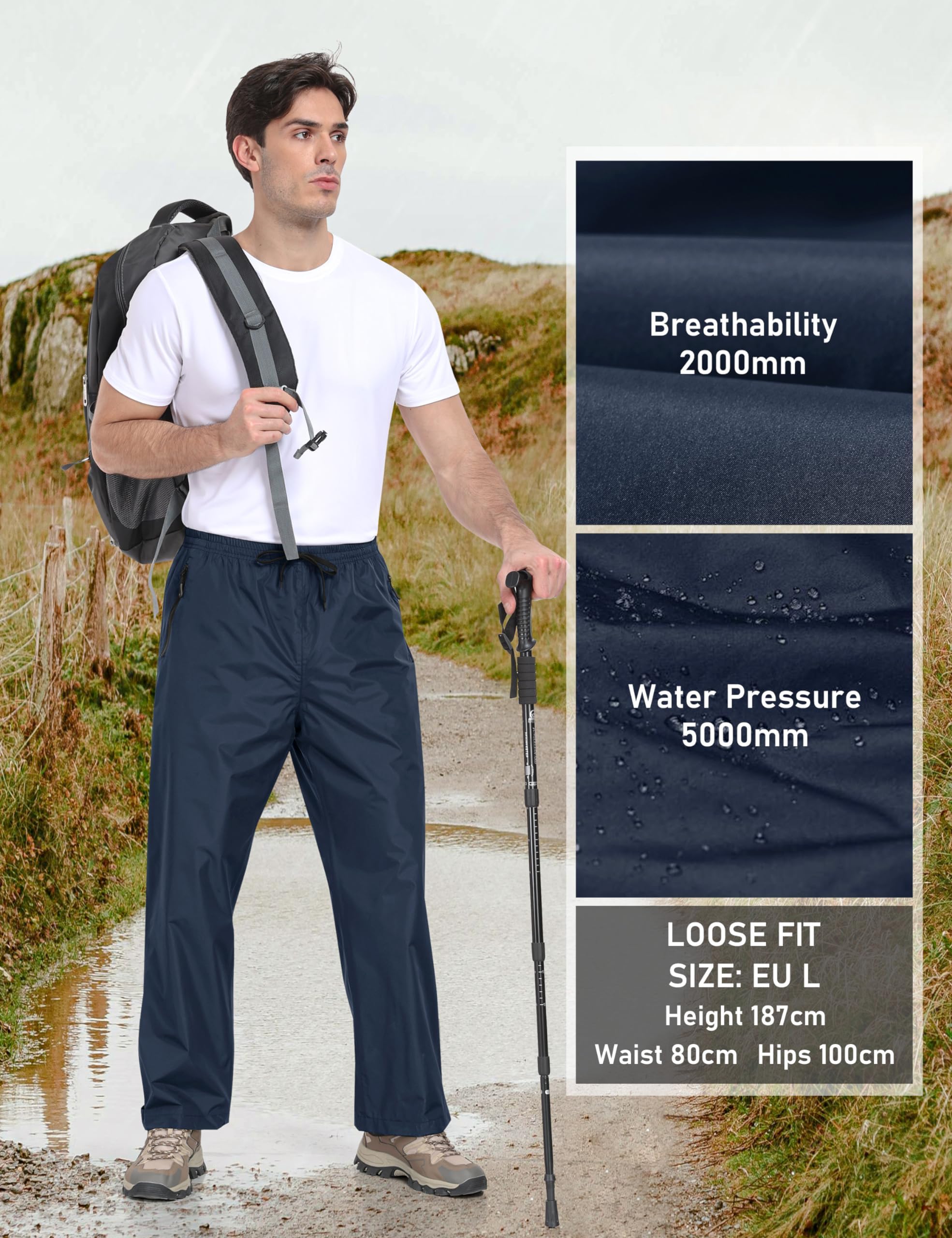 MoFiz Pantalon de Pluie Homme Léger Imperméable Respirant Coupe-Vent Pantalon de Randonnée Moto Pliable avec Poches Zippées
