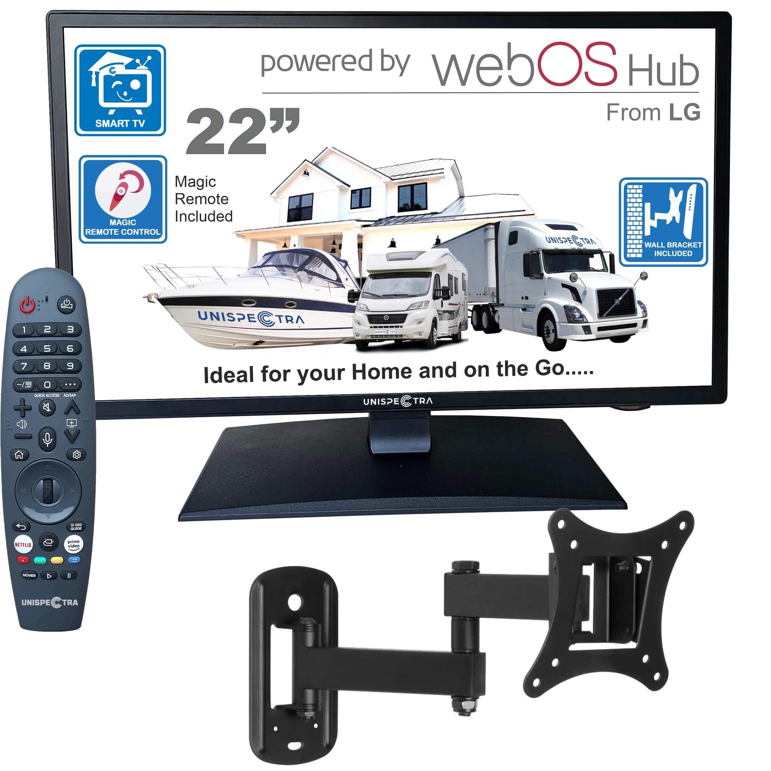 Unispectra Smart TV 22" 12V Avec WebOS, Full HD ELED, Freeview Et Tuner Satellite, 240V/24V/12V, 3 HDMI, 2 USB, Magic Remote - Idéal Pour Camping-car, Caravane, Bateau, Camion