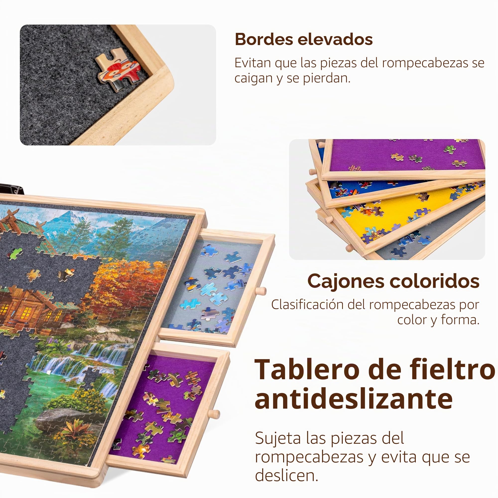 Lavievert Tabla de rompecabezas giratoria de 1000 piezas con 4 cajones de clasificación, mesa de rompecabezas inclinable con cubierta, meseta de rompecabezas de madera con tablero antideslizante para