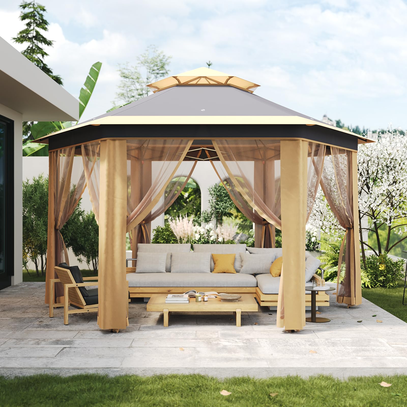 13' x 13' Pop-Up Gazebo, Hexagonal Canopy Shelter with 6 Zippered Mesh Netting, Event Tent with Strong Steel Frame for Backyard, Garden, Lawn, Khaki and Beige-picture-15