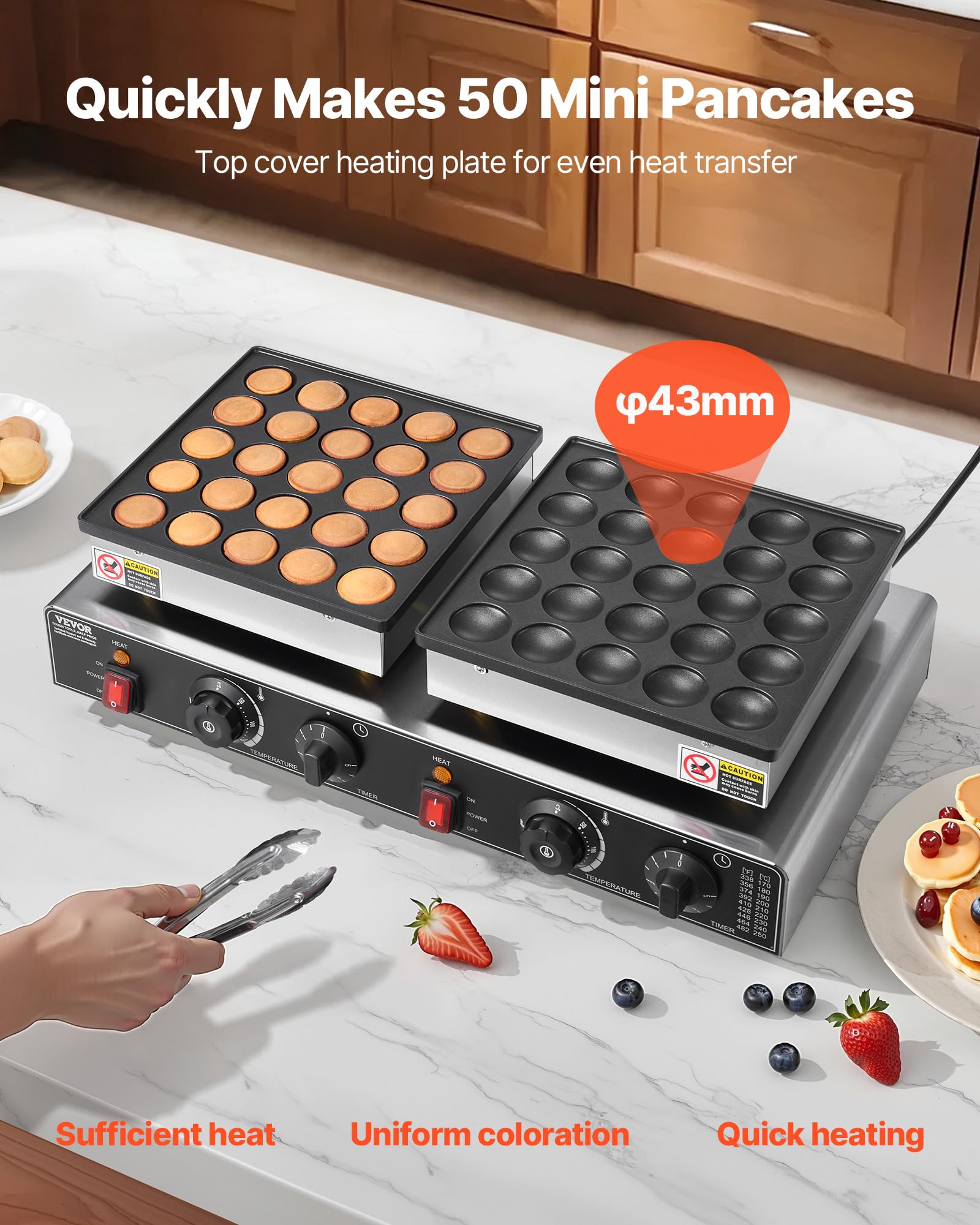 VEVOR Mini-crêpières hollandaises antiadhésives en acier inoxydable, 50 pcs, machine à crêpes Dorayaki électrique commerciale 1800 W, température et temps réglable, pour cuisine, restaurant, dessert
