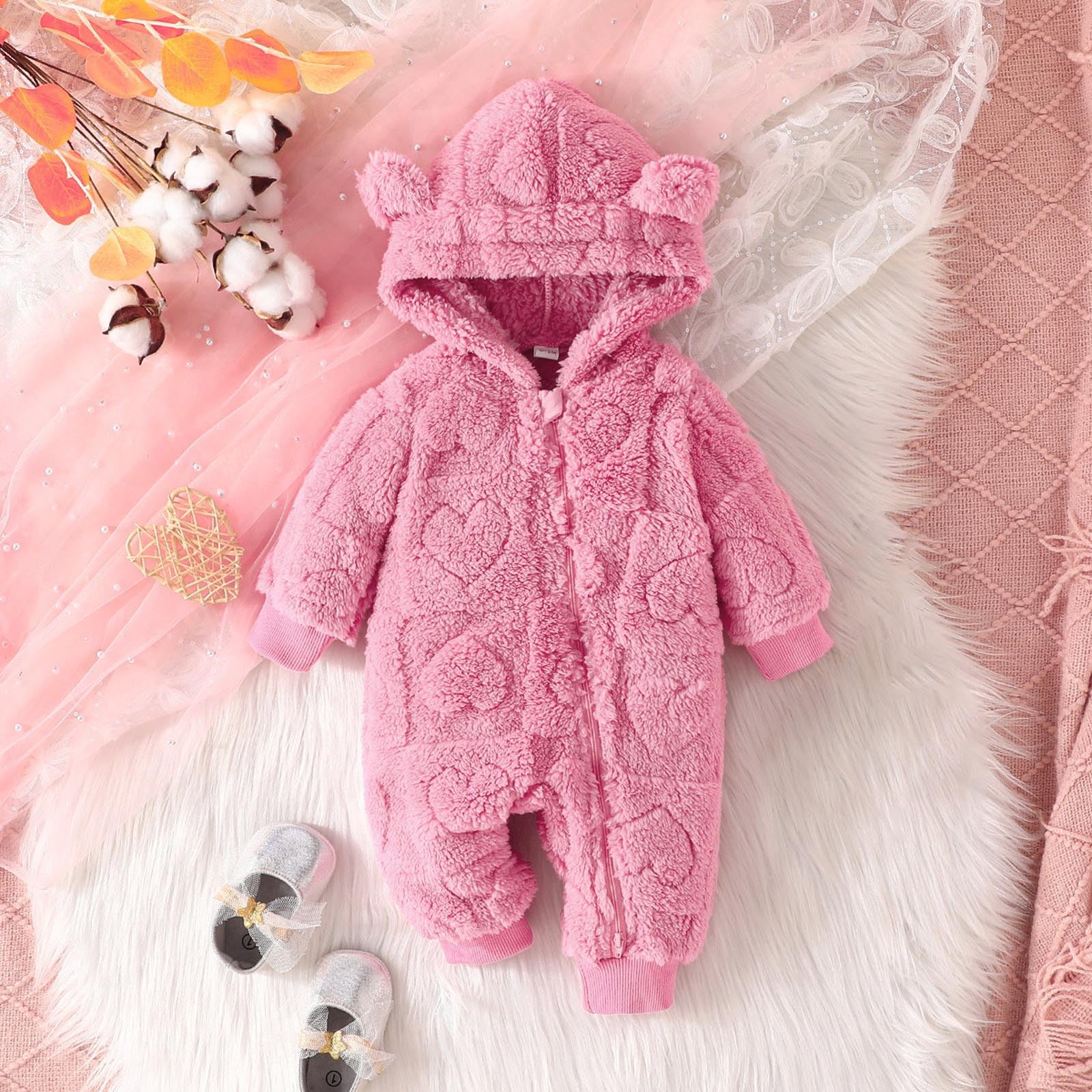 Manteau Combinaison Polaire Bebe Fille 0-18 Mois Hiver Chaud Grenouillere Bebe Fille Flanelle avec Capuche Oreille de Ours Vetement Bebe garçon Naissance Body zippé Peluche