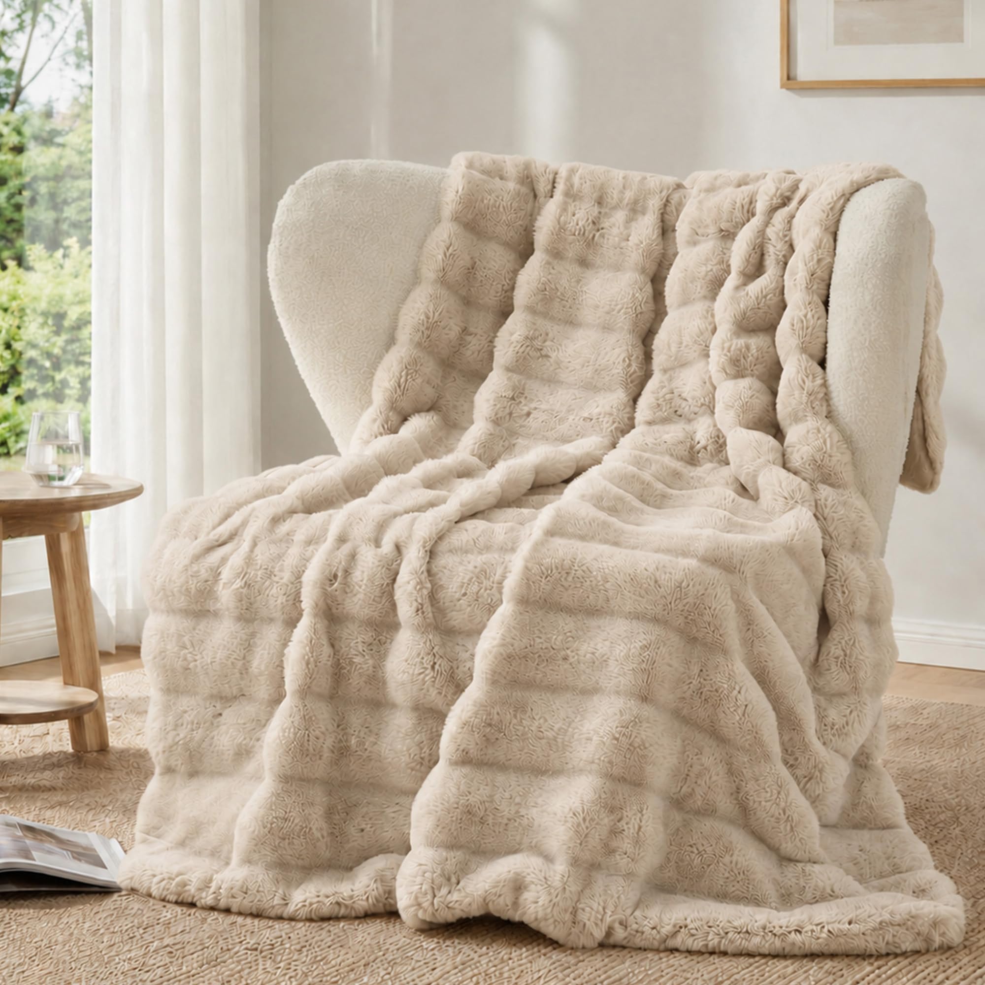 Battilo Beige Faux Rabbit Fur Throw Blanket, Super Soft Fuzzy Cozy Rabbit Fluffy Fur Blanket, Luxury Warm Thick Plush Bubble Blankets for Bed Sofa Couch Home Decor, 125x150cm
