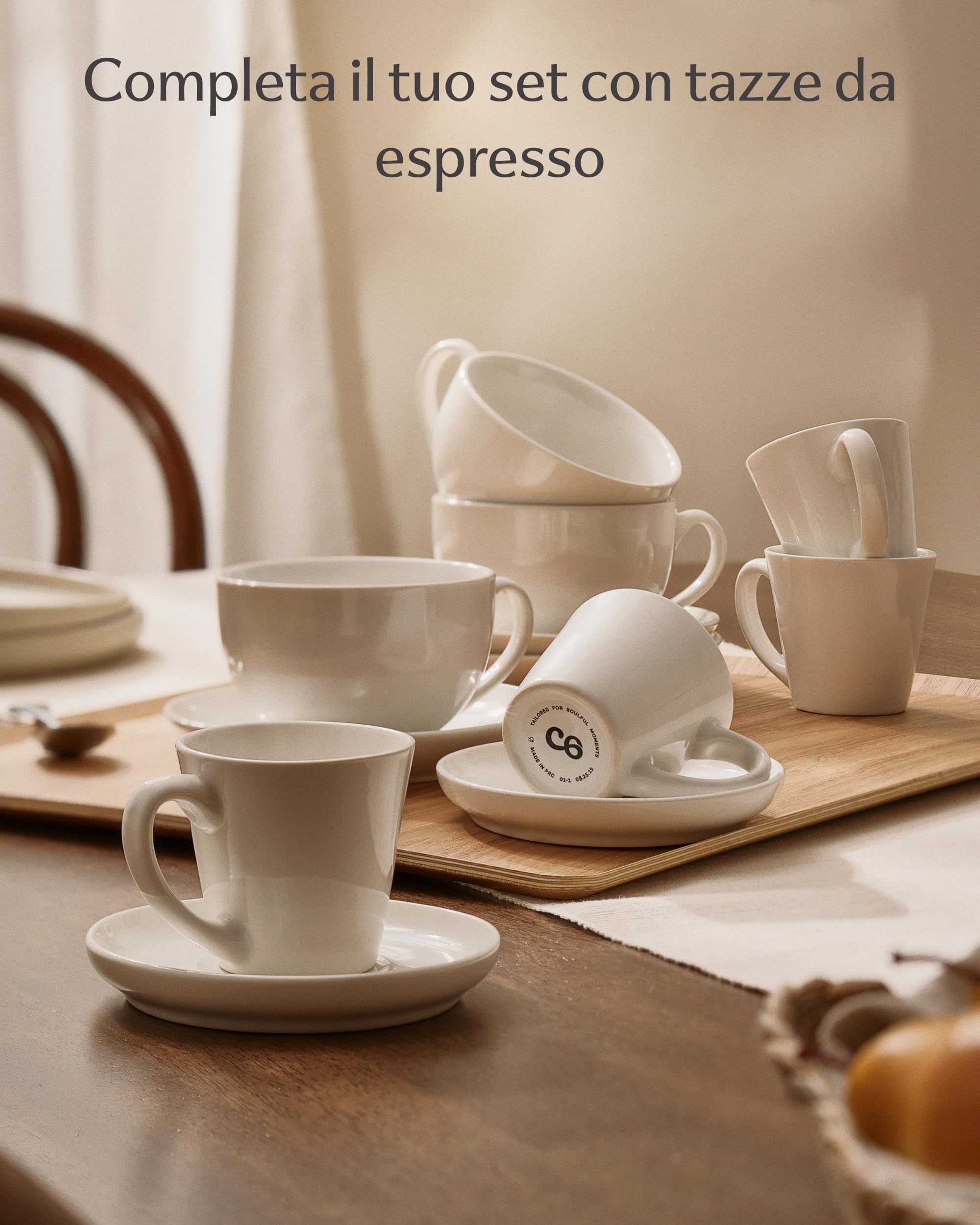 Tazzine Caffè 6 Pezzi in Ceramica Bianche con Piattini - Tazze Cappuccino Lavabili in Lavastoviglie - Set Regalo 180 ml