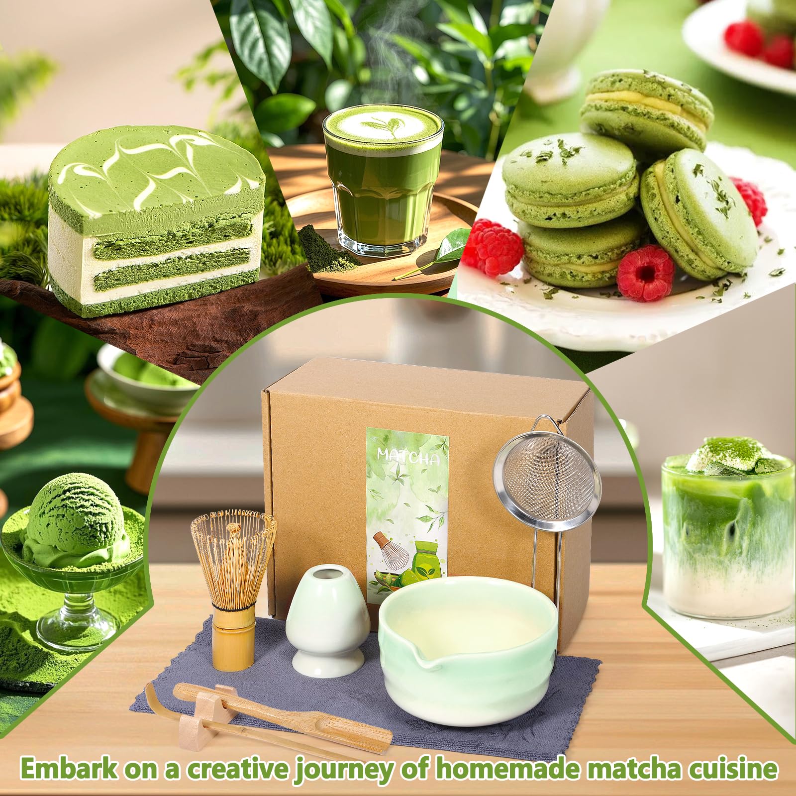 8-częściowy Zestaw do Matchy, Akcesoria Matcha, Miska do Matchy z Wylewkiem, Pędzel do Matchy, Łyżeczka, Szpatułka, Pomysł na Prezent dla Miłośników mat-chy i Początkujących (Zielony)
